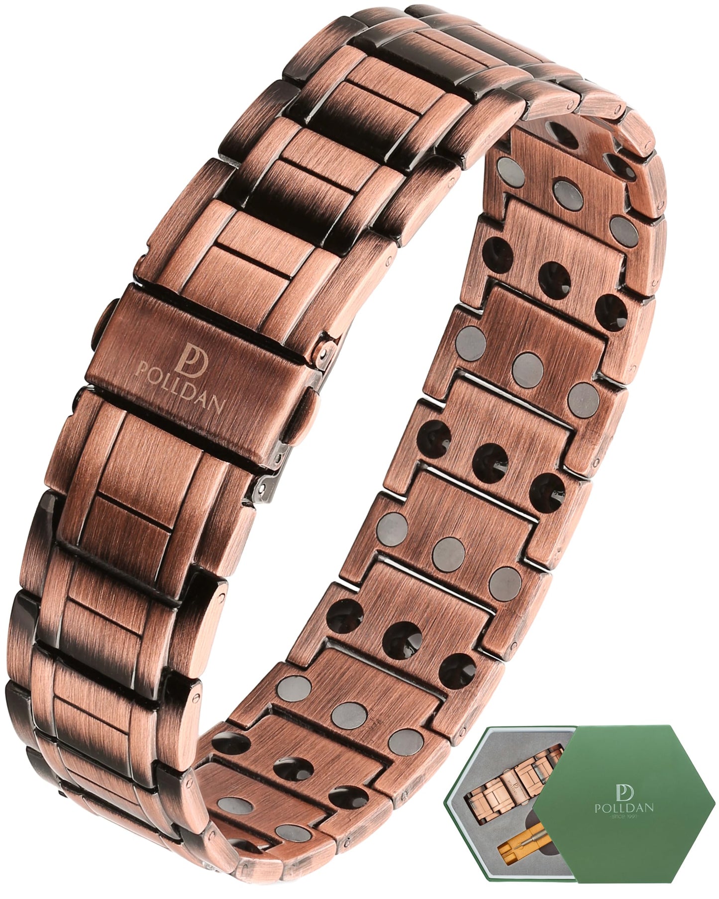 POLLDAN Copper Bracelet For Men | 6200 Gauss Power | Adjustable Magnetic Bracelet | Gift Box and Sizing Tool (3X Power)