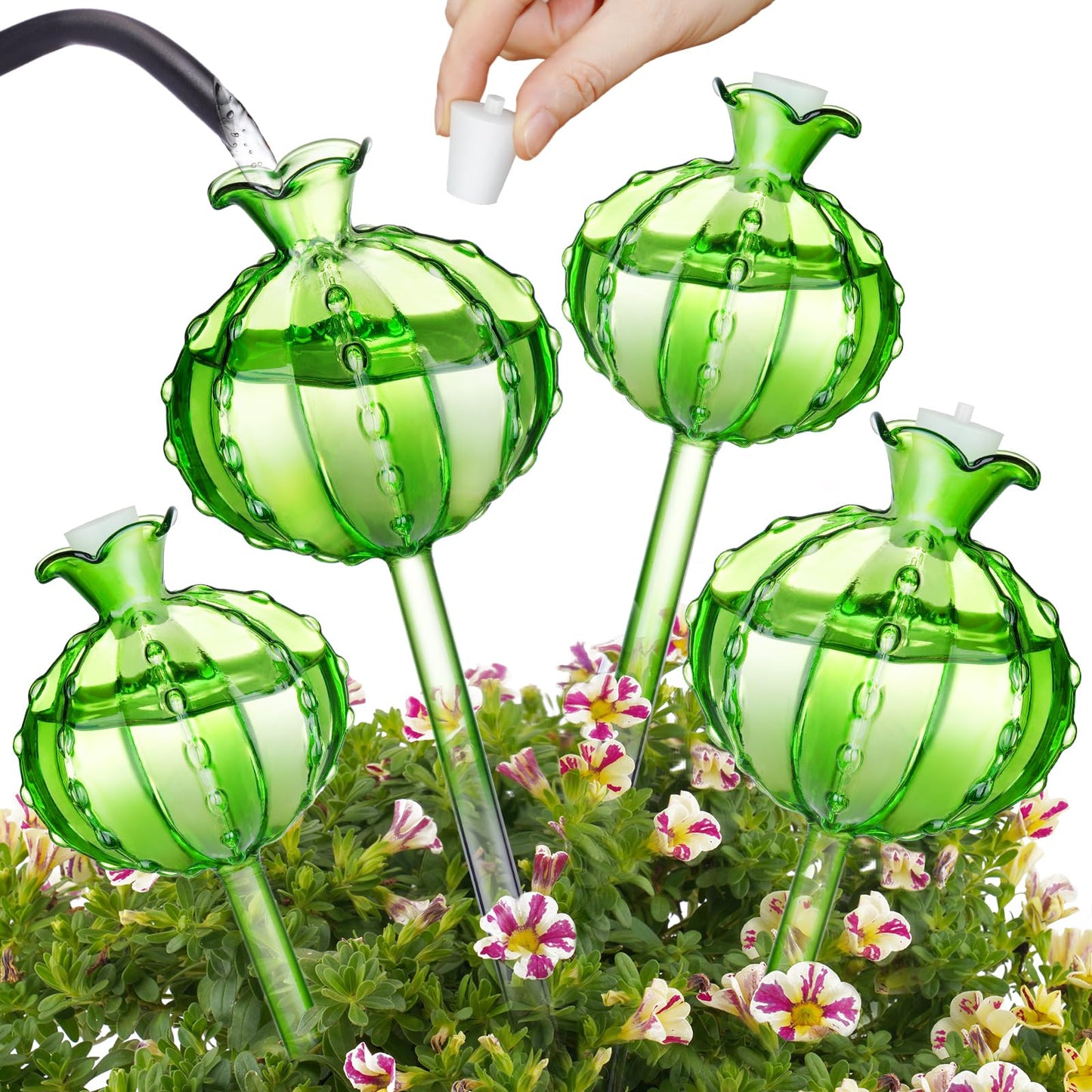 NiHome (2 Small + 2 Large) Plant Watering Globes 4-Pack, Glass Waterer for Potted Plants, Green Glass Cactus Self Watering Globe, Automatic Mini Irrigation System