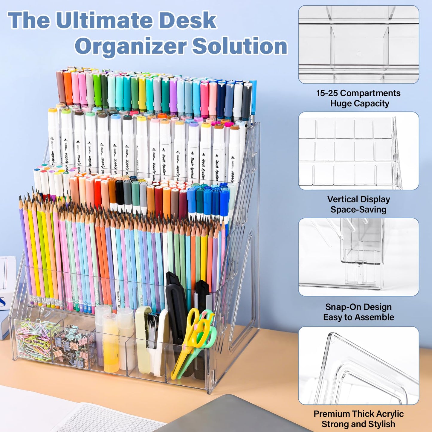 CELSOL Acrylic Pen Holder – 3 Tier 15 Compartments Vertical Storage for Markers, Pens & Art Supplies – Clear Desk Organizer for Home, School & Office – Ideal for Space-Saving & Desk Organization