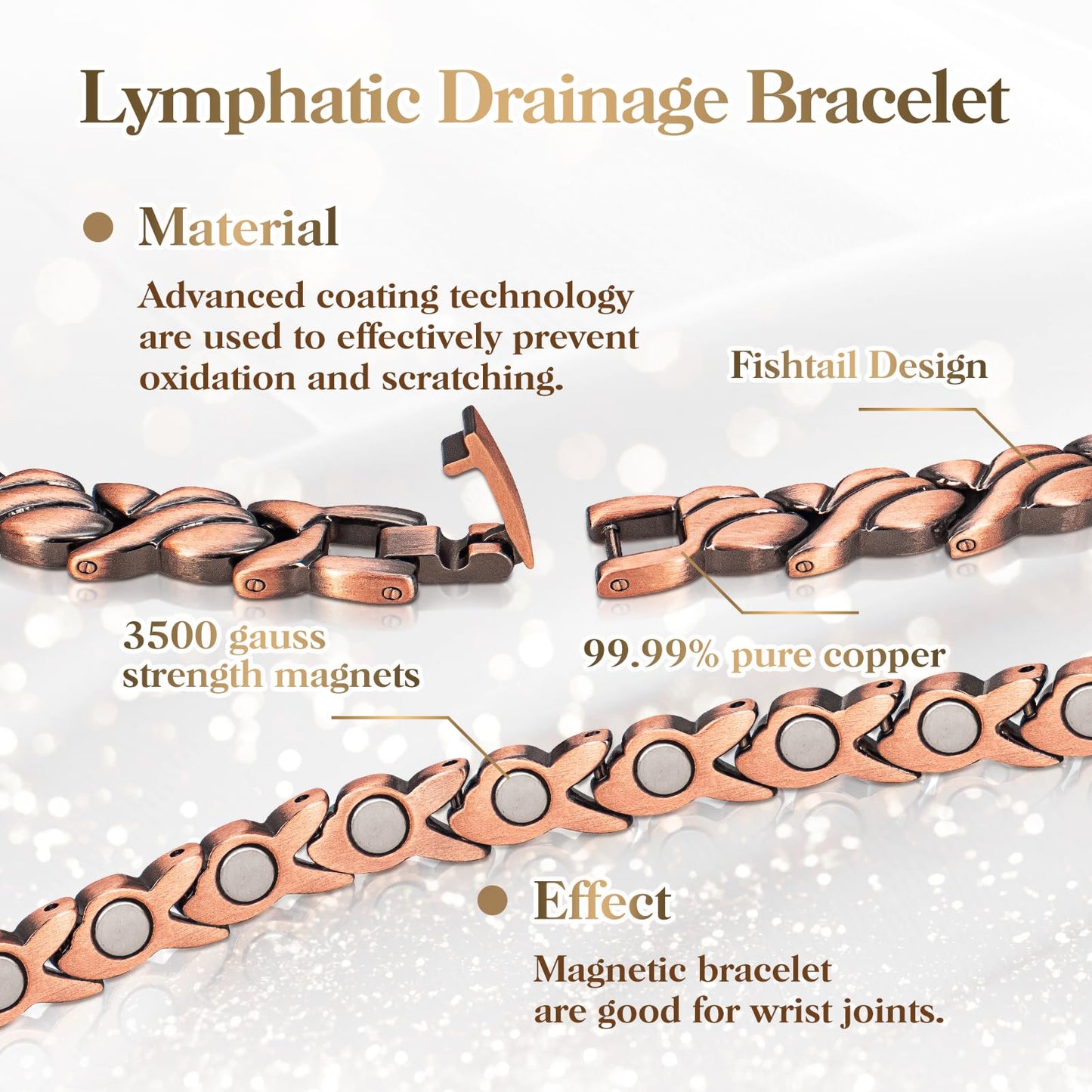 Copper Bracelets for Women Arthritis Lymph Detox Magnetic Bracelet, 100% Solid Pure Copper Bracelet with 3500 Gauss Magnets & Leaves Copper Ring with Adjustment Tool…