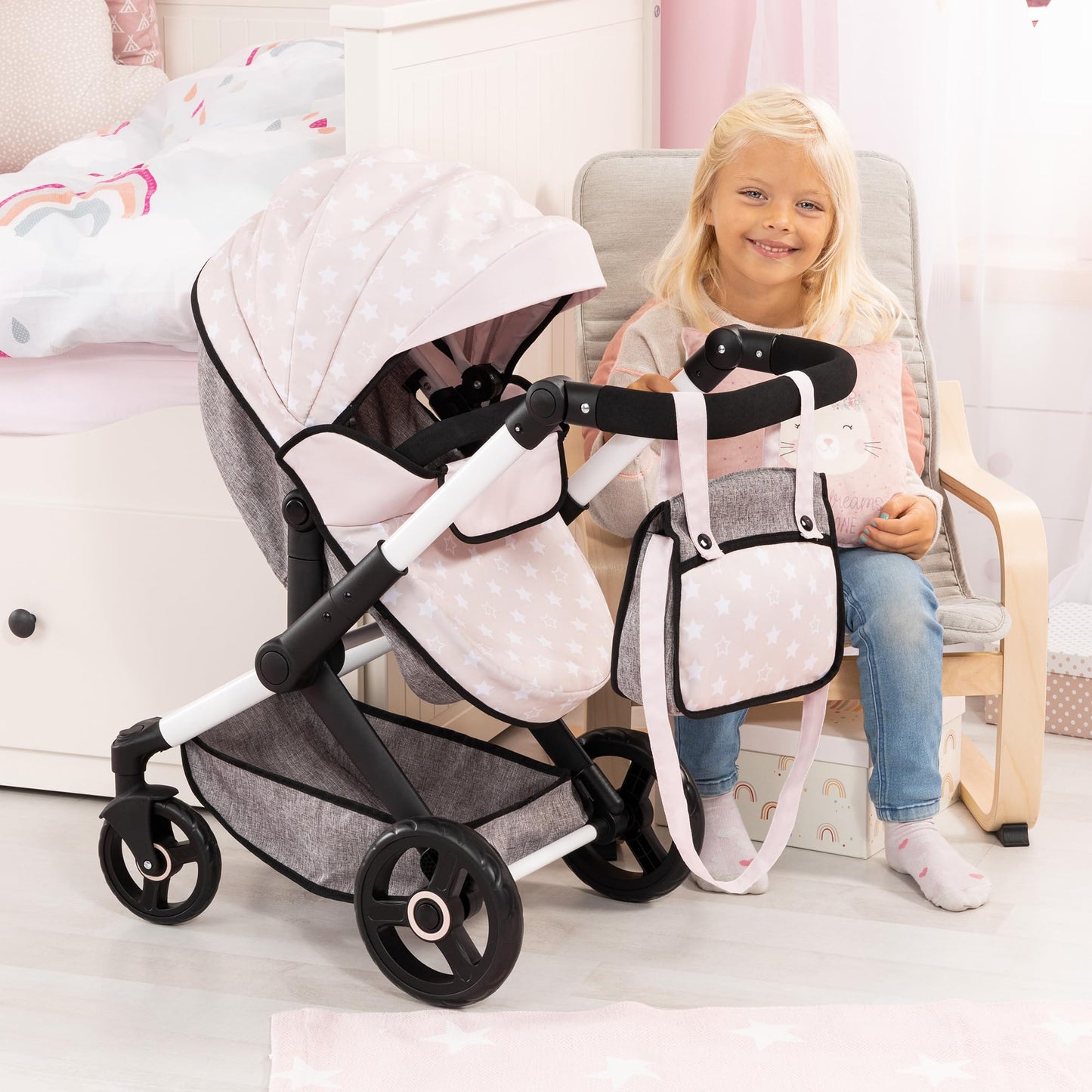 Bayer Pram Xeo - Doll Stroller with Stars Design, Convertible Pushchair for 18" Dolls, Ages 3+