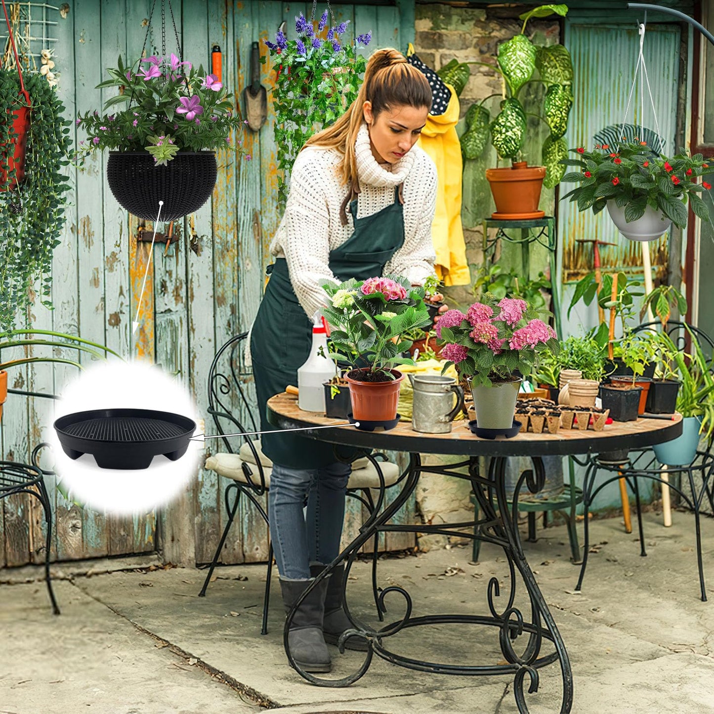 7.16” Self Watering Planter Insert, 10 Pack Invisible Hanging Basket Drip Pan Hanging Basket Planter Plant Auto Watering Devices Plastic Water Catcher Saucer Tray for Outdoor Indoor Pots Liners