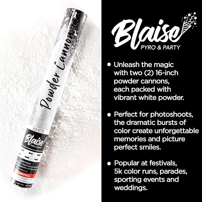 Blaise Pyro & Party - White Powder Poppers - Water-Soluble & Colorful Powder Cannons for Gender Reveals, Birthdays, Weddings & Celebrations - Easy to Use for Memorable Photos - 16-Inch, 2-Pack