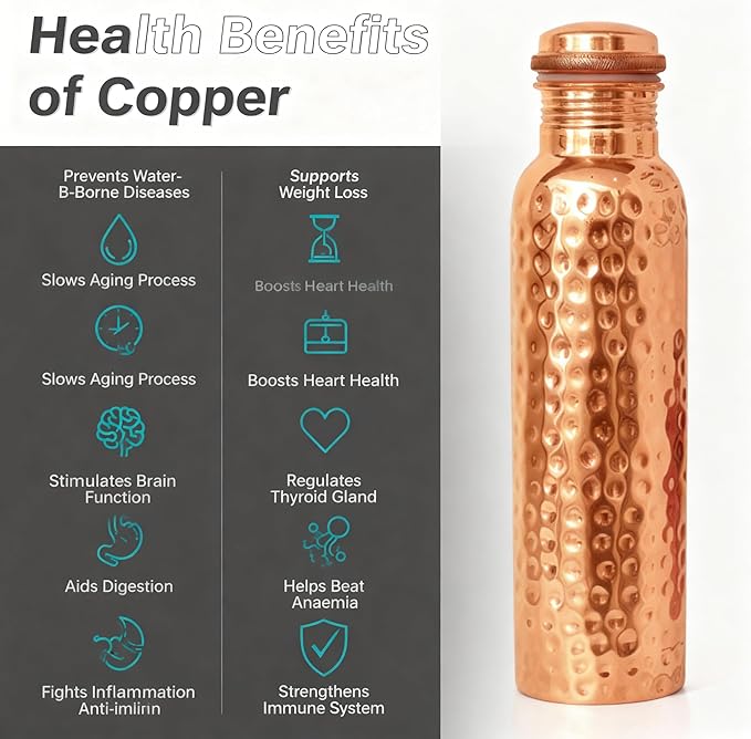 Pure Copper Water Bottle for Ayurvedic Health Benifit Pure Handmade Hammered Vessel for Drinking Heavy Duty & Leak-proof 34oz