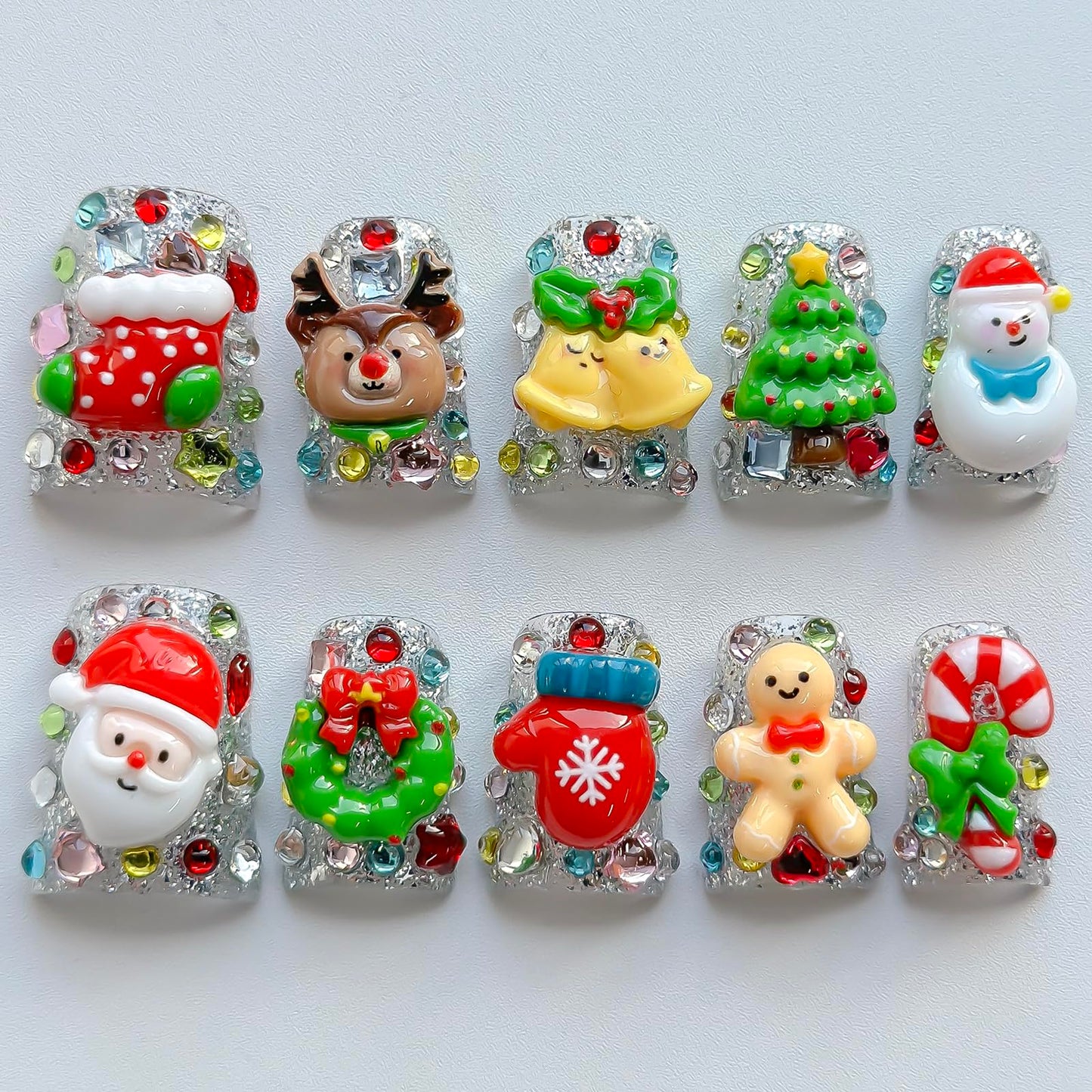 Christmas Press on Nails Luxury Short Duck Handmade 3D Unique Reusable ABS Material Fake Nails Cute False Nails with Santa Reindeer Tree Snowflake Designs Glossy Glue on Nail Thick Acrylic Nail(M)