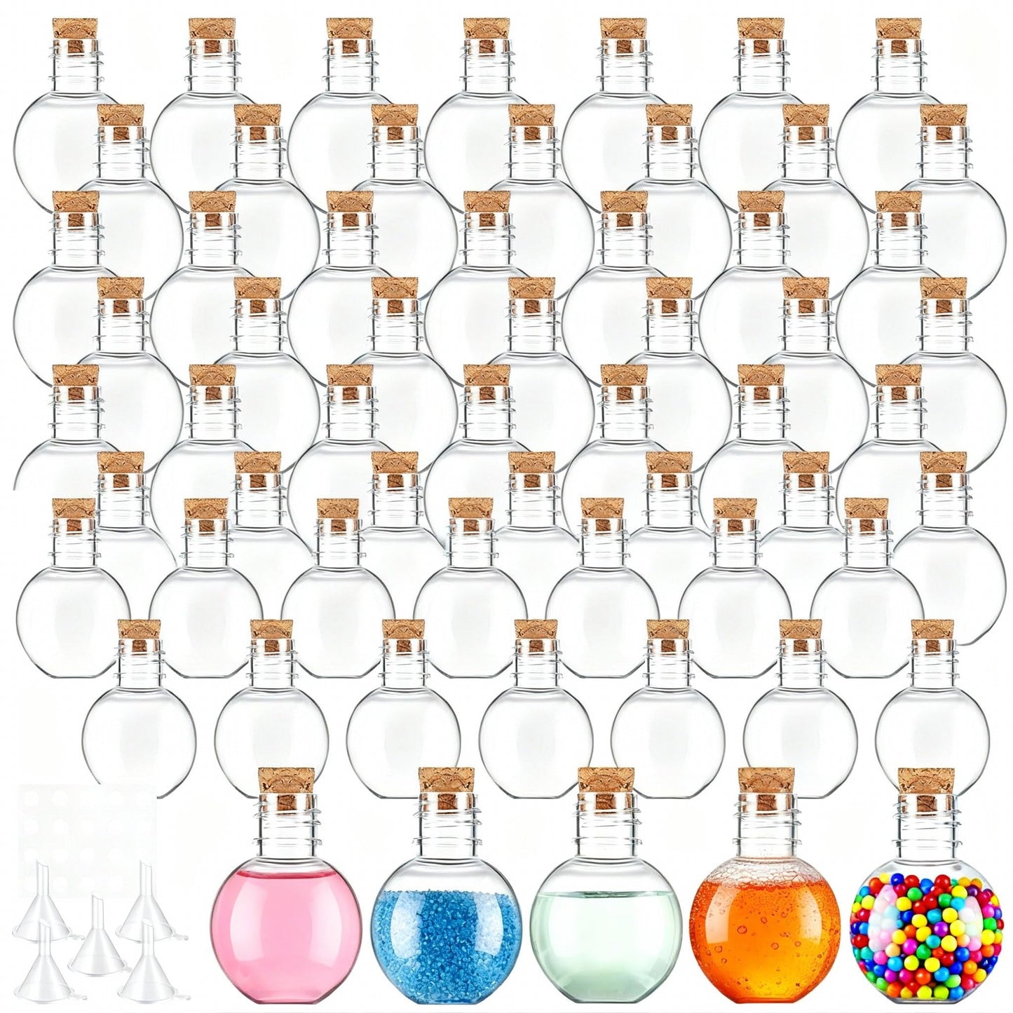 Bokon 36 Pack Mini Plastic Bottles with Corks Funnels Plastic Potion Bottles Tiny Clear Sand Art Jar Wishing Vial Witch Potion Jars for Decorations Birthday Party DIY Crafts Gift(Spherical)