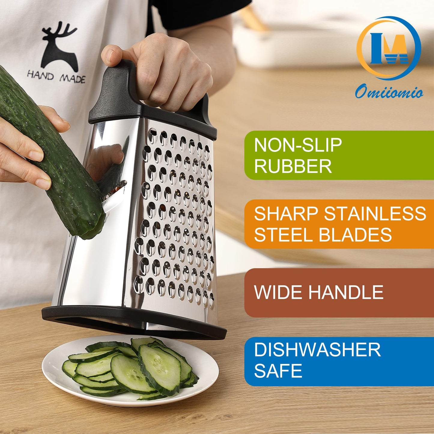OIM Omiiomio Professional Cheese Grater - Stainless Steel, XL Size, 4 Sides - Perfect Box Grater for Parmesan Cheese, Vegetables, Ginger - Dishwasher Safe - Black