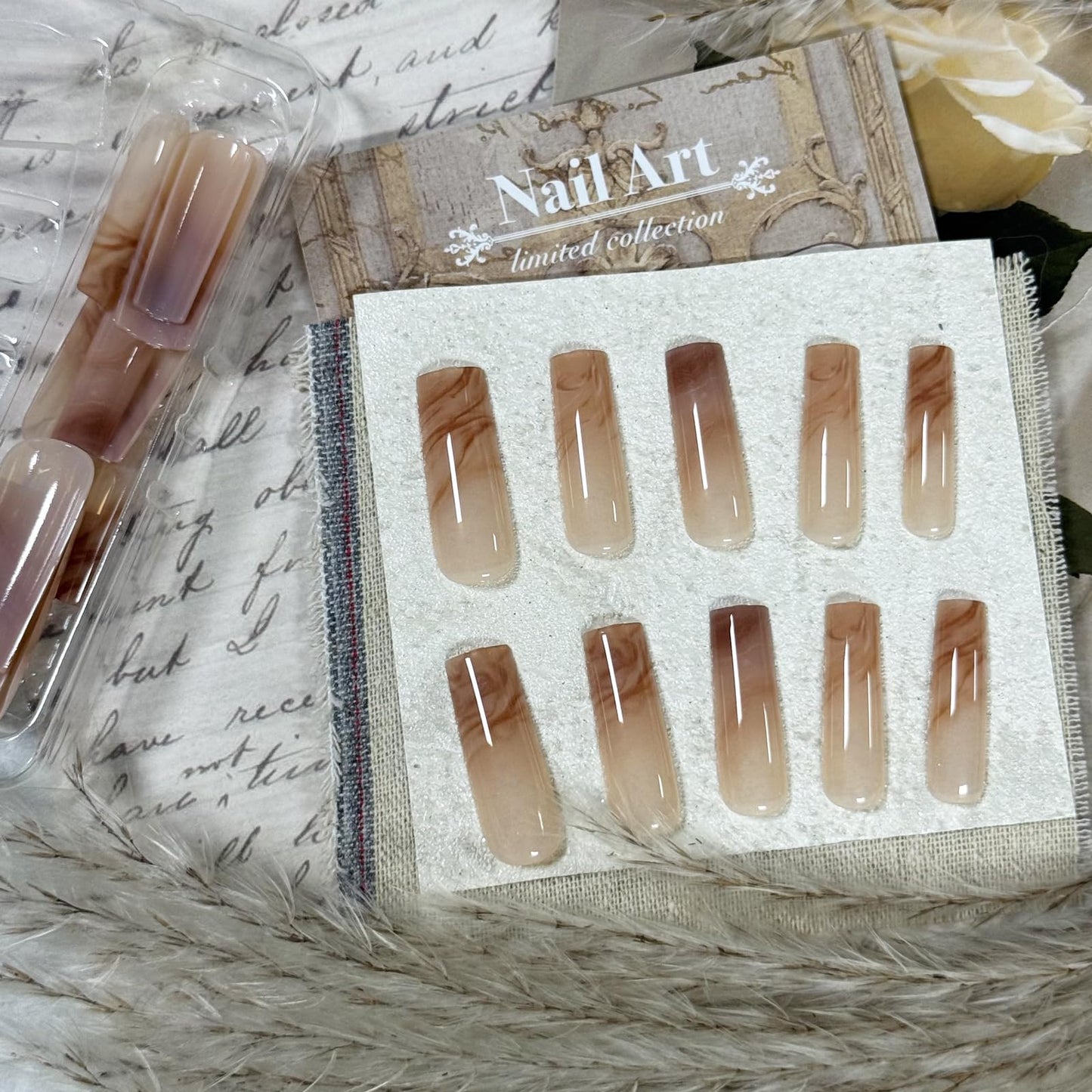 IMRAIN Press On Nails - Long Square Brown Marble Gradient False Nails, Glossy Glue On, Artificial Squoval Nude Fake Nails, Full Cover Acrylic Gel, Stick On, 24 Pcs