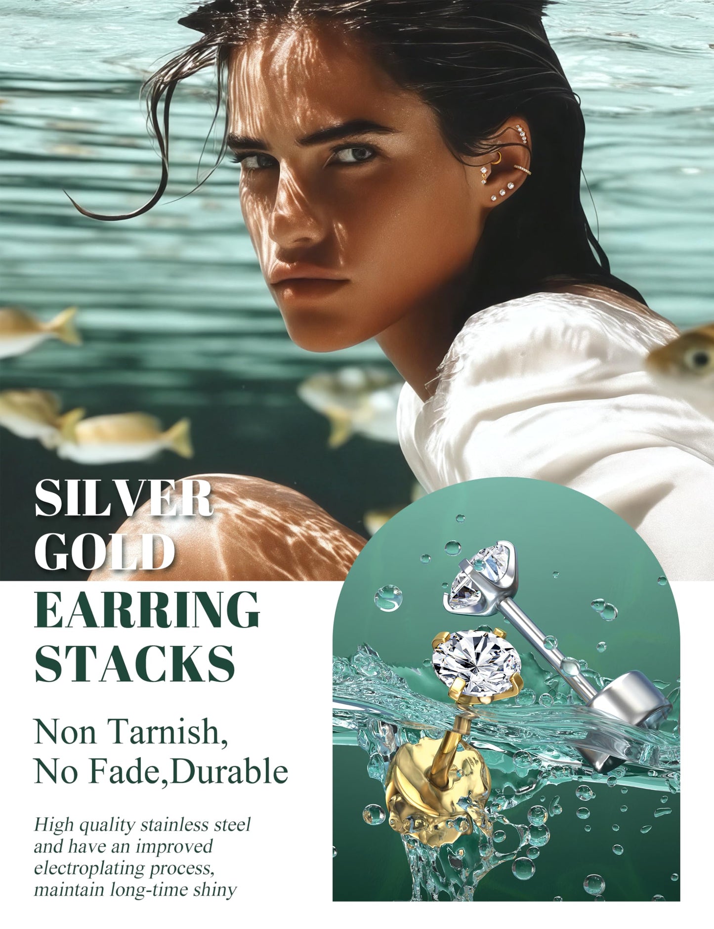 LOLIAS Hypoallergenic Flat Back Earrings Cartilage Earring Stacks - Surgical Steel Earrings for Sensitive Ears - Small Stainless Steel Flatback Stud Hoop Earring Sets for Helix Tragus Conch Daith Multiple Piercing Jewelry Trendy 14K Gold Plated