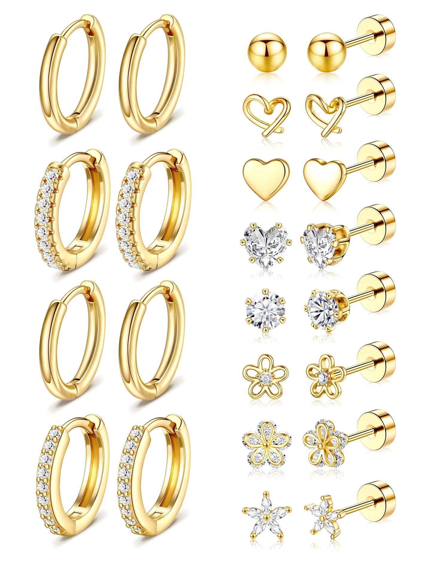 Hypoallergenic Gold Stud Earrings for Women - 14k Gold Plated Surgical Stainless Steel Flat back Earrings Set Small Huggie Hoop Flatback Earring for Sensitive Ears Screw Back Cartilage Piercing Jewelry