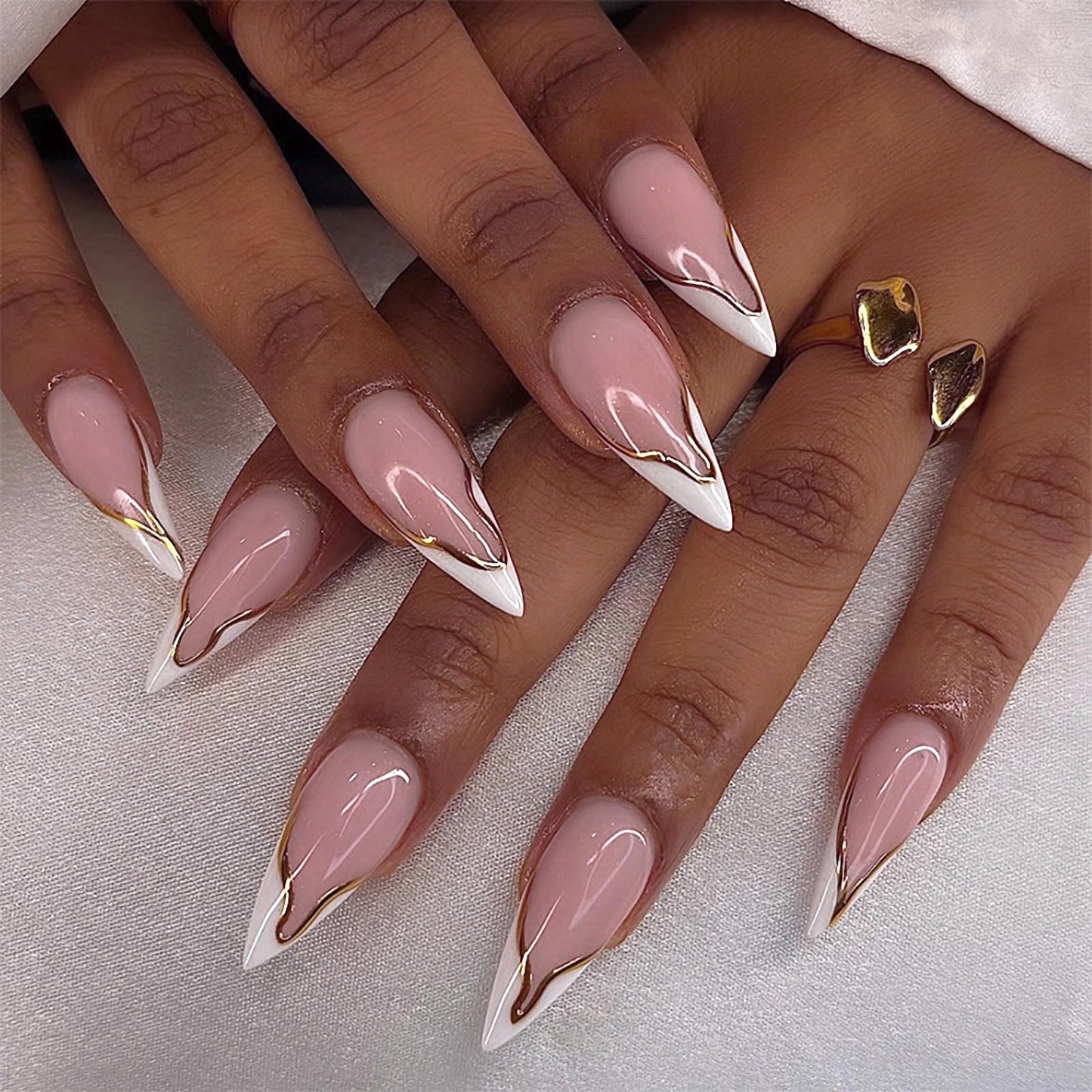 MERVF Press on Nails Long Stiletto White French Tip Fake Nails Wedding Glue ons Acrylic Nail Gold Lines Design Manicure Supplies Glossy 24pcs