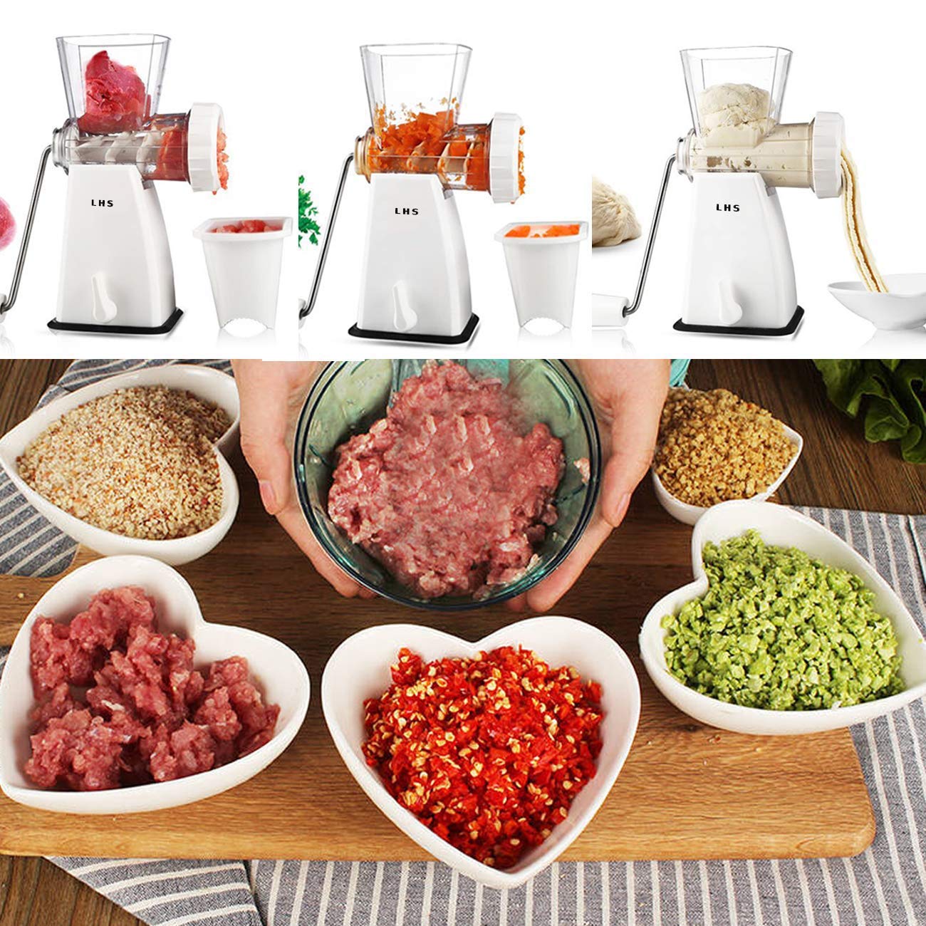 LHS Manual Meat Grinder with Stainless Steel Blades Heavy Duty Powerful Suction Base for Home Use Fast and Effortless for All Meats-White