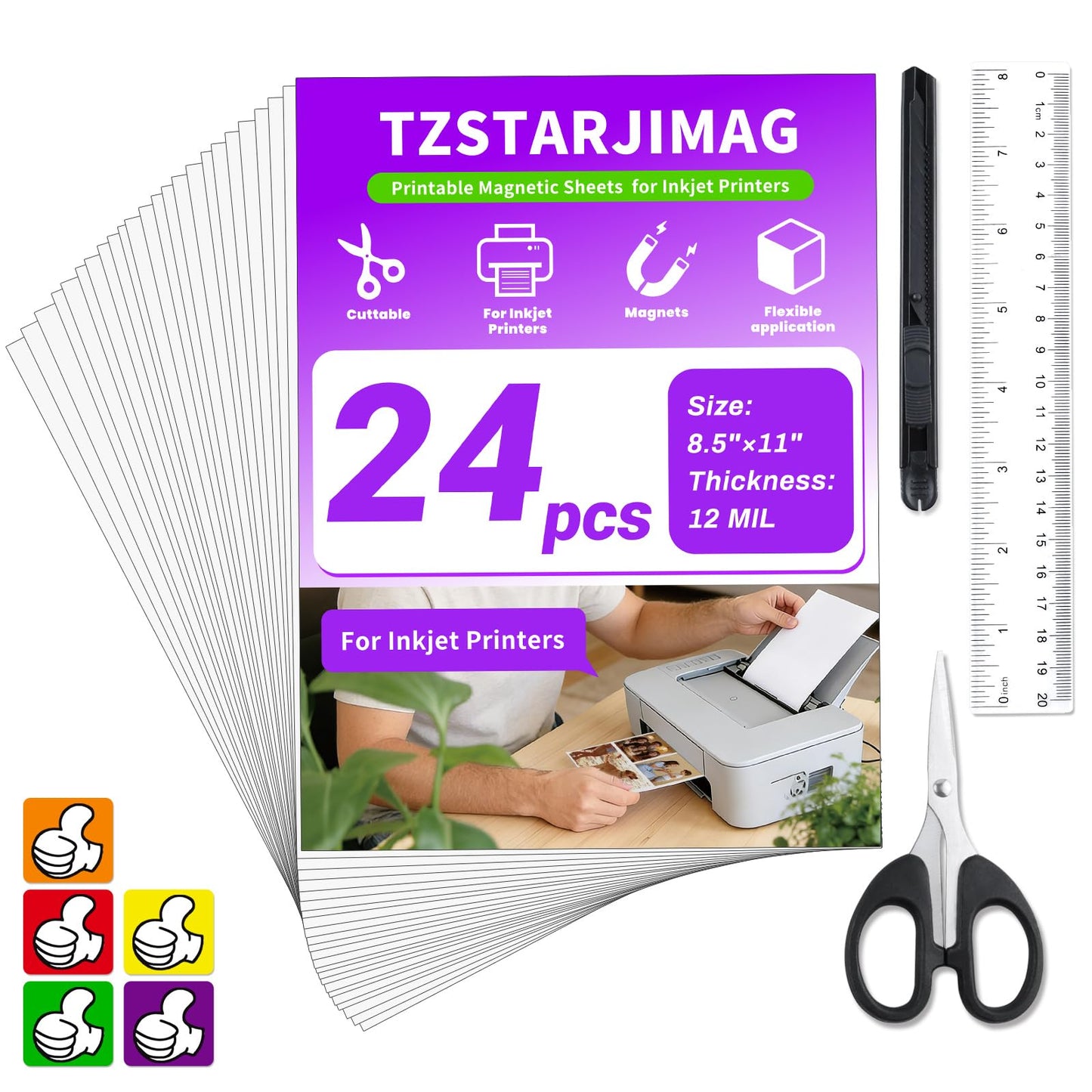 Printable Magnetic Sheets for Inkjet Printer,8.5" x 11"(Pack of 24),12 mil Thick Cuttable Flexible Non-Adhesive Backing Magnetic Printer Paper for DIY Crafts,Photos and Stickers