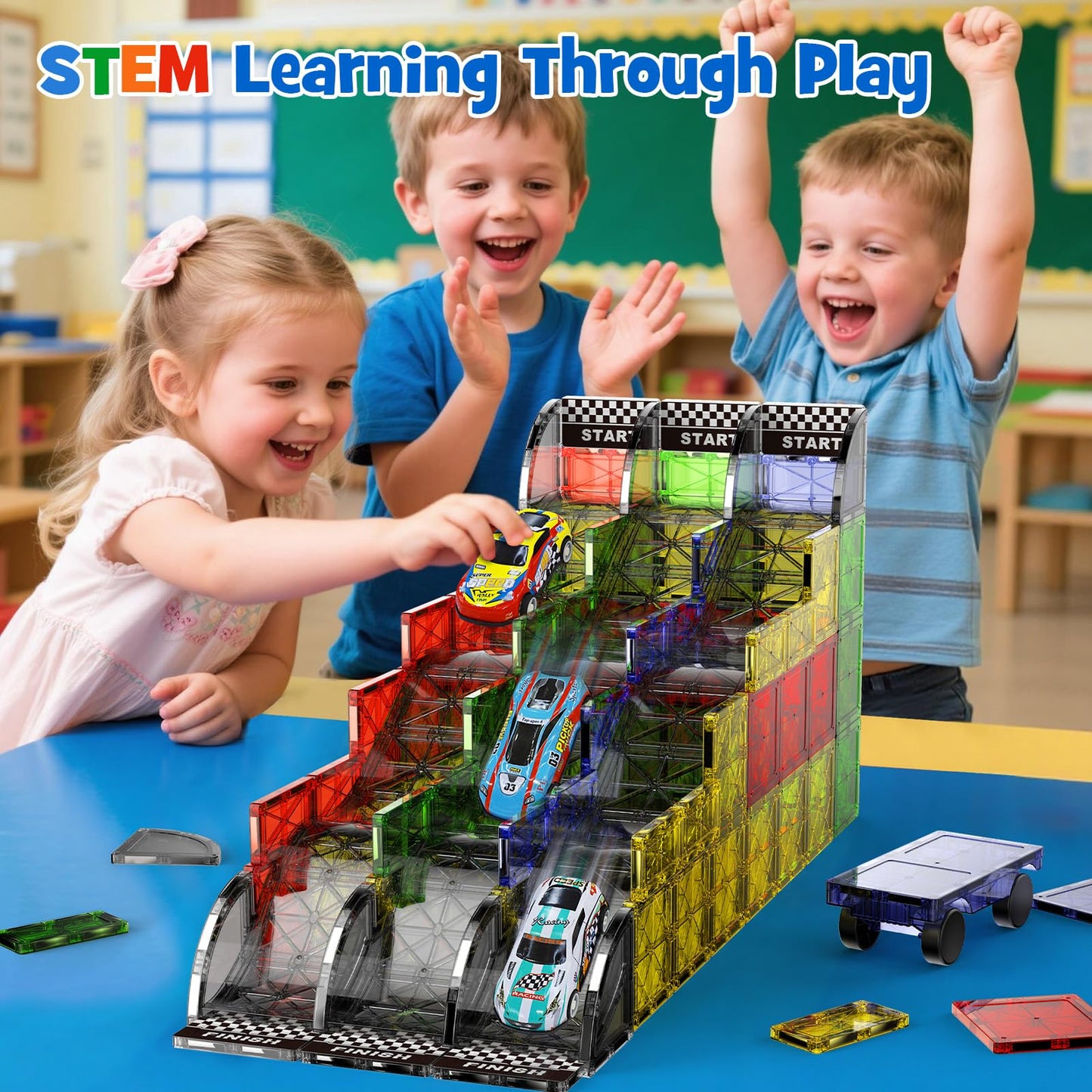 WMXDU 2-in-1 Dynamic Magnetic Downhill & Race Track Set - 40PCS Expandable Magnetic Tiles with Car for Creative STEM Play The Ultimate Travel Toy & Gift for Kids Ages 3-8 (40pcs-Race Set)