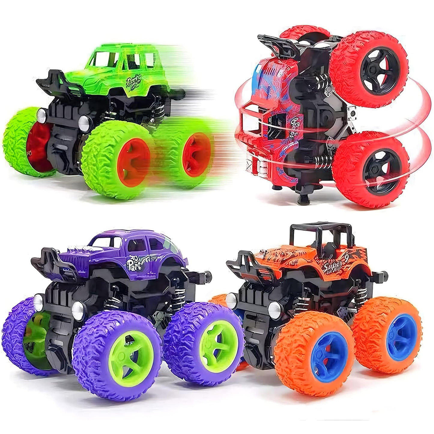 LEFEI Monster Truck for Boys 3 4 5 6 7 Year Old,4 Pack Push and Go Friction Powered Car Toys, Double-Directions Inertia Pull Back Vehicle Set,Birthday Party Gift for Kids