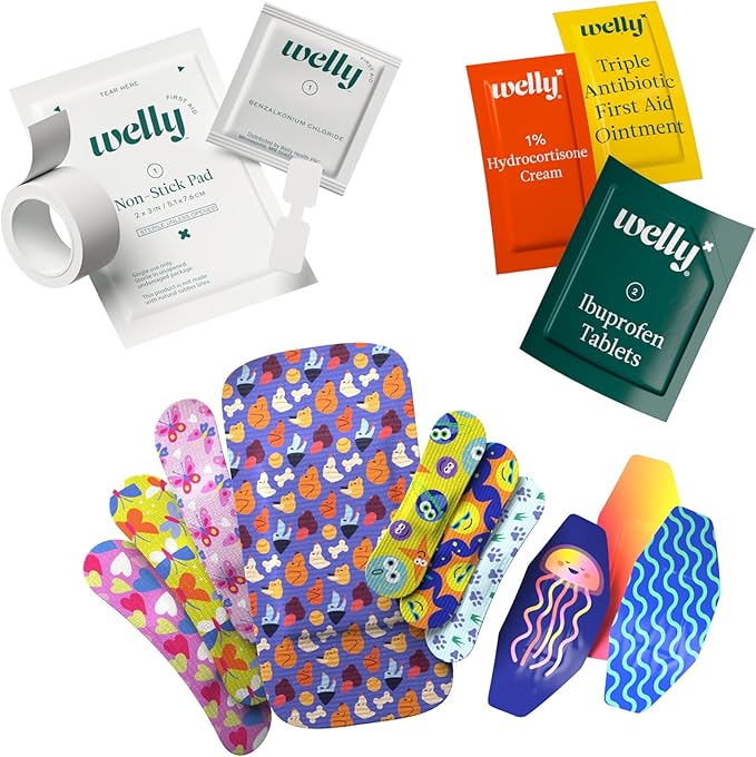 Welly First Aid Kit - Adhesive Flexible Fabric and Waterproof Bandages, Tape and Non-Stick Pads, Butterfly Strips, Single Use Ointments Triple Antibiotic and Hydrocortisone, and Ibuprofen - 130 Count