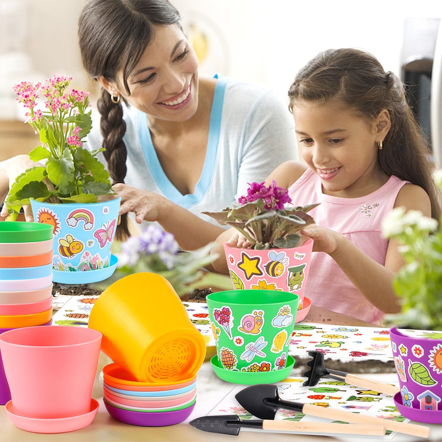 Aweyka 32 Set Garden Plastic Pot Craft Kit DIY Flower Plant Crafts Nursery Pots with Stickers Flower Planting Growing Kit for Spring Summer Home Classroom School Creative DIY Art Project Activities