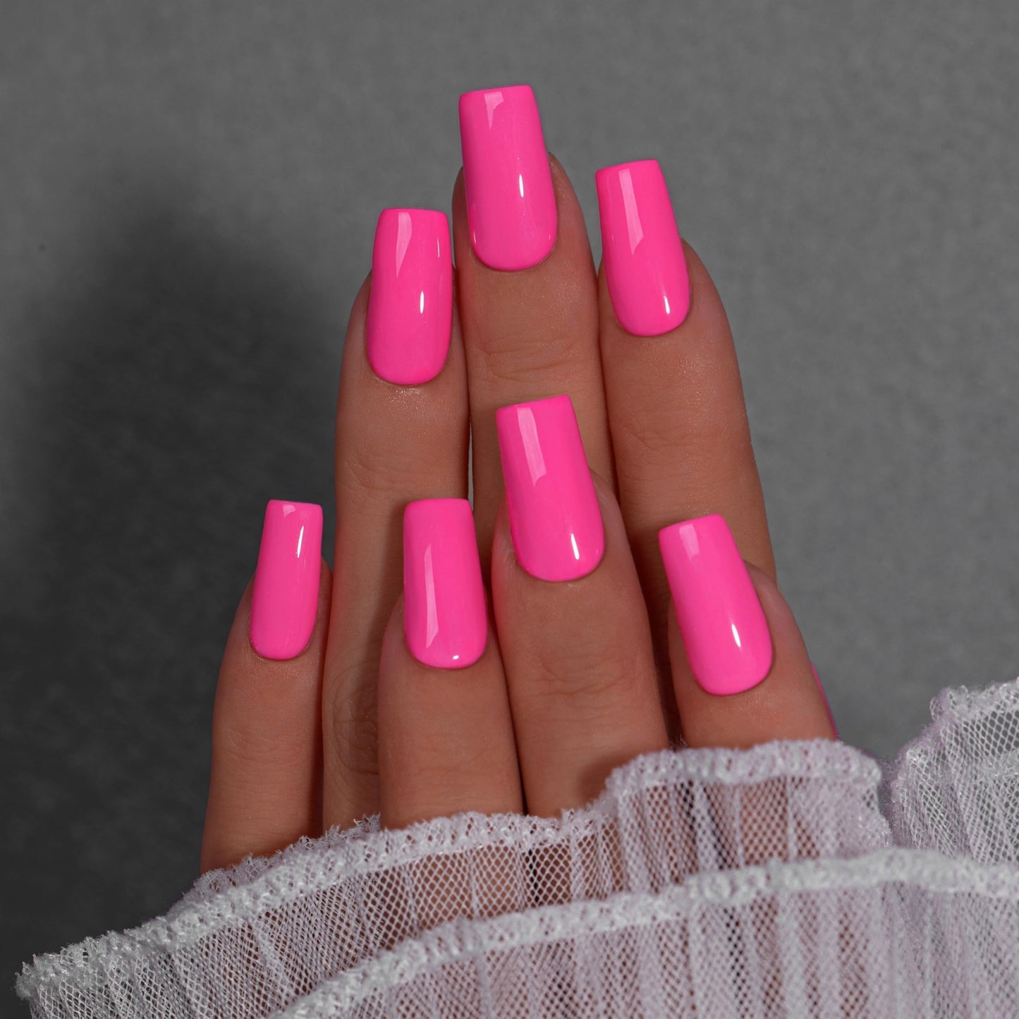 KQueenest Hot Pink Press On Nails Long Square - Summer Press On Nails Medium Coffin, Bright Neon Pink Fake Nails with Glue, Vibrant Glossy, Reusable Soft Gel Glue on Nails for Manicure Gift, 24 Pcs