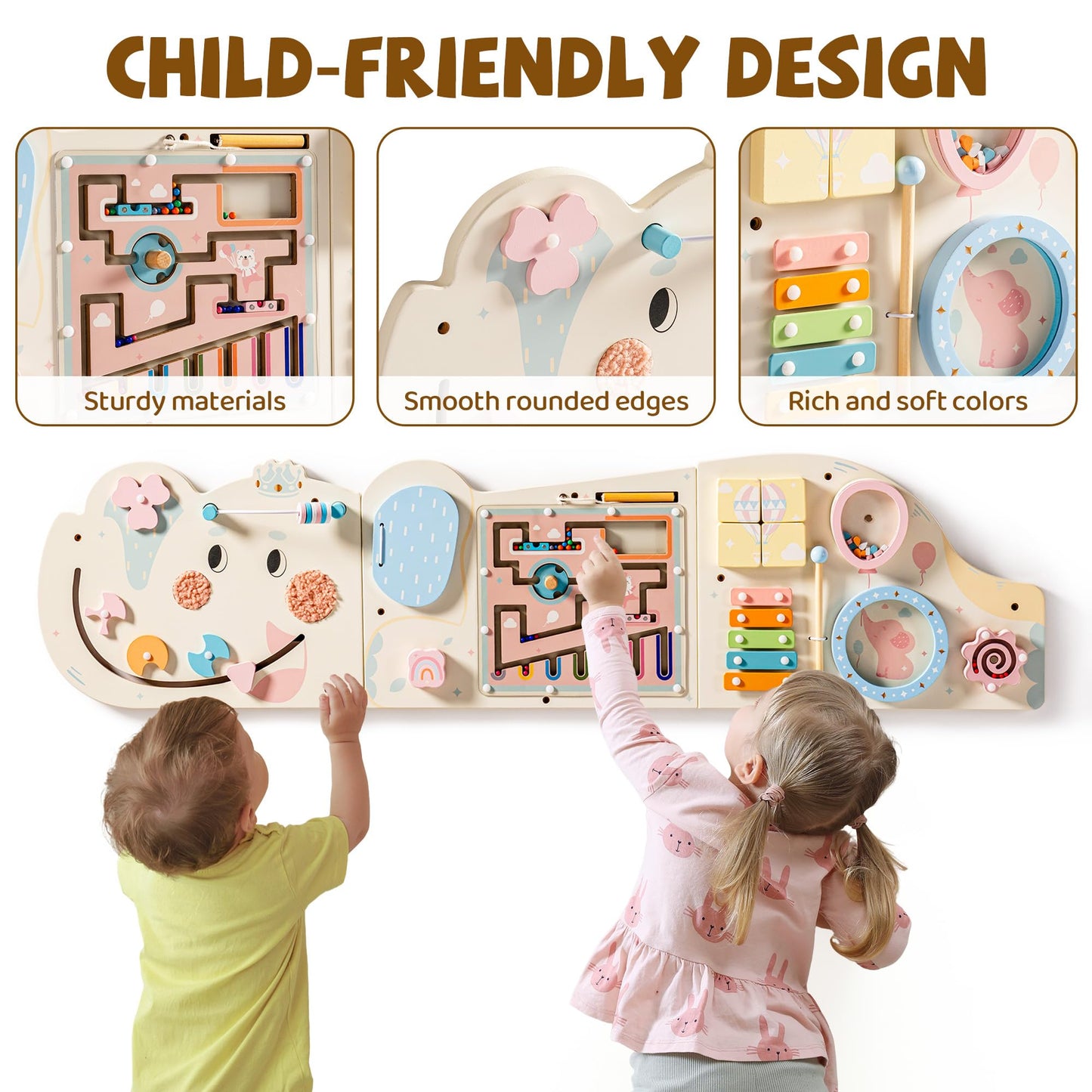 ROBUD Elephant Montessori Busy Board, 12-in-1 Activity Wall Busy Board, Montessori Sensory Wall Panel for Boys & Girls, Toddler Learning Activity Center for Playroom, Nursery, Beige