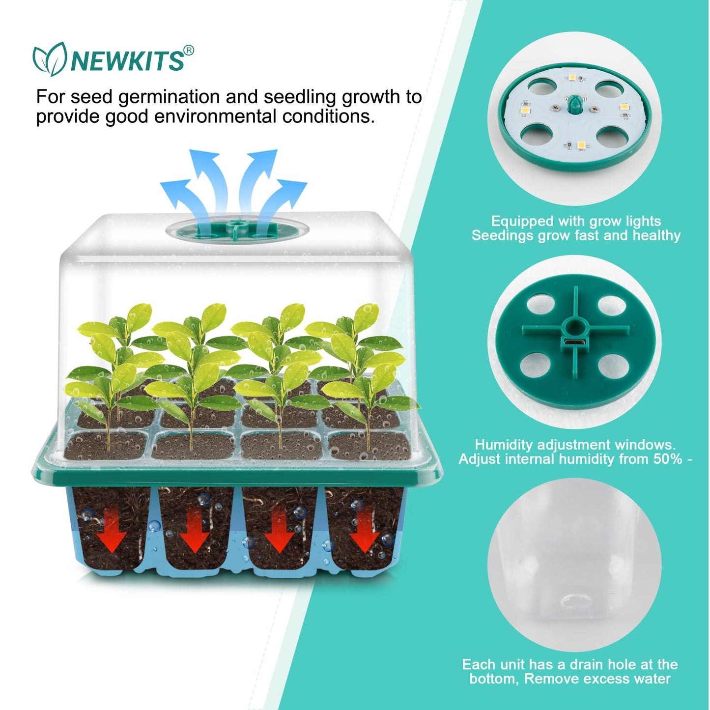 NEWKITS Seed Starter Tray with Grow Light, Seed Starter Kit, Plant Germination Starting Trays with Humidity Dome and Base for Greenhouse Grow Wheatgrass Hydroponic(12 Cells per Tray)