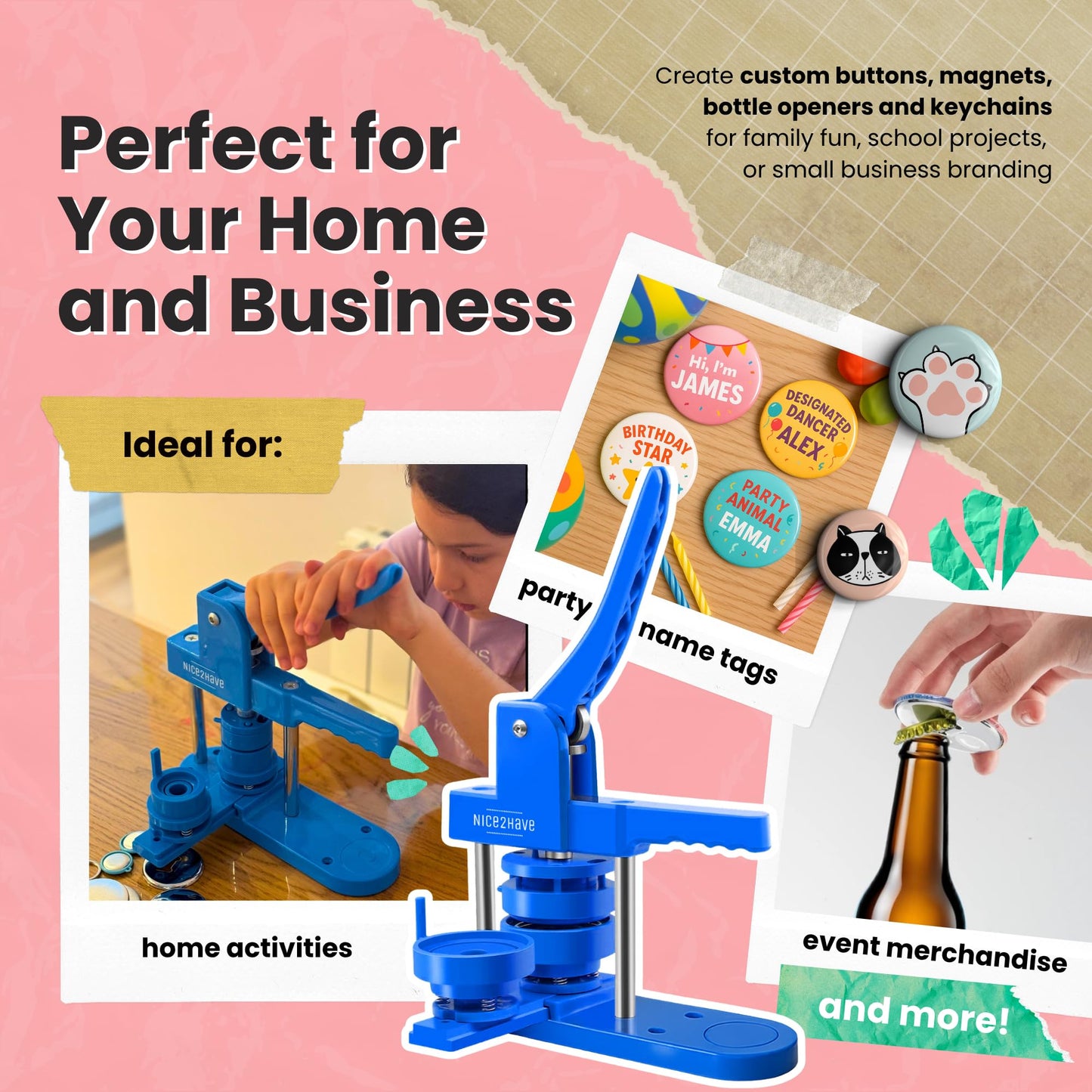 Button Maker Machine 1+1.25+2.5 Inch Pin Maker Kit - Multiple Size Molds, 500 Buttons, 15 Fridge Magnets, 15 Bottle Openers, 15 Keychains, Cutters, and 500+ Button Designs for DIY Crafts