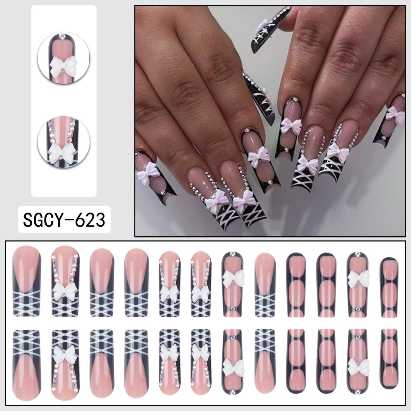 SEENEEY Long Press on Nails Square Fake Nails Black Artificial Nail White Bow Stick on Nail for Women 24pcs