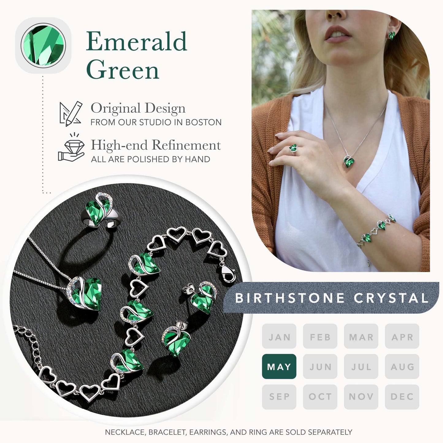 Leafael Mothers Day Gifts Infinity Love Heart Bracelet for Women, May Birthstone Crystal, Emerald Green, Silver Tone Adjustable Chain