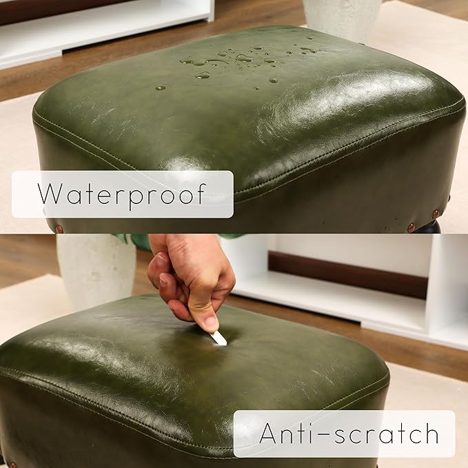 Ottoman Leather Foot Rest with Thicker Foam Padded Seat, Footstool with Wooden Legs (Green)