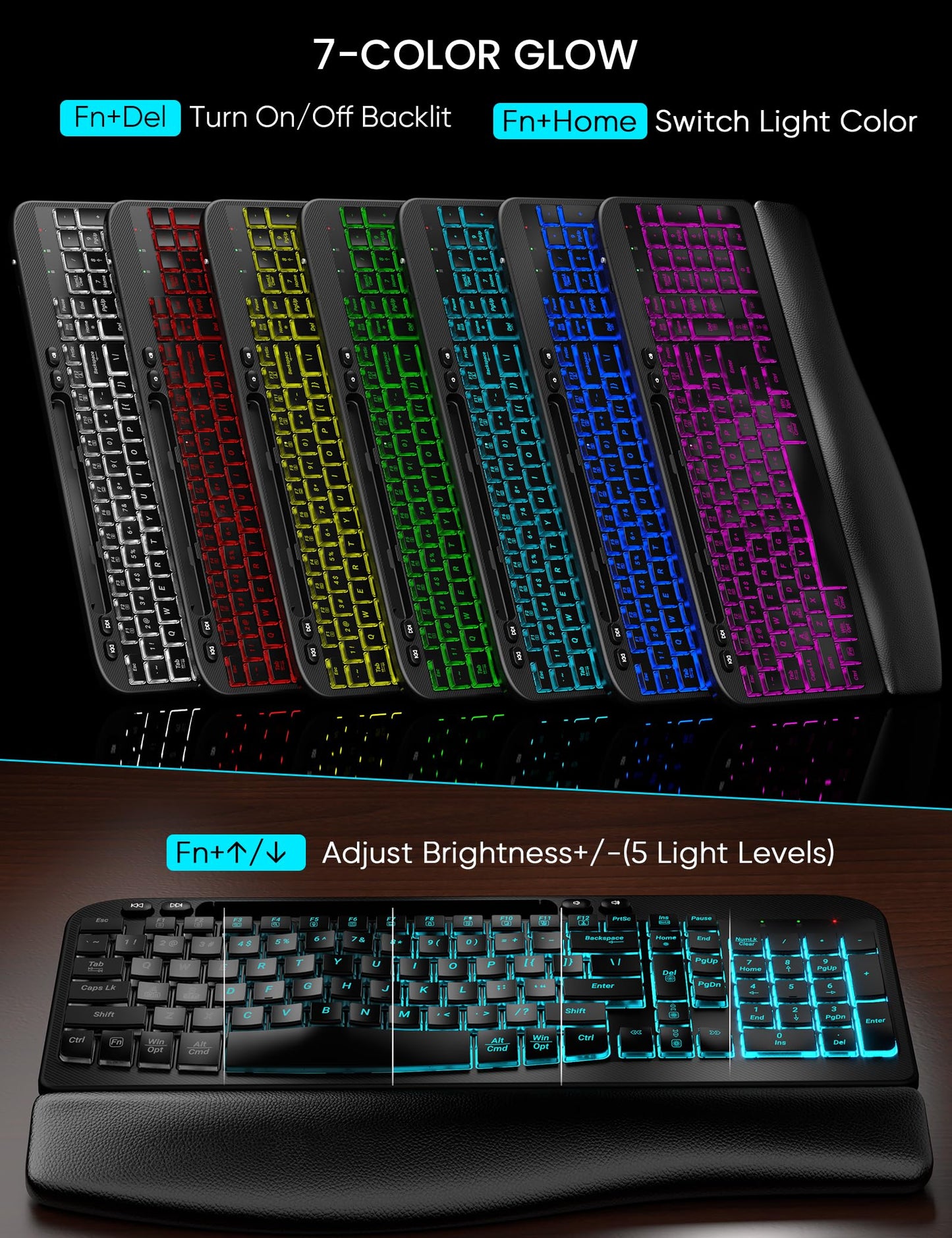 SABLUTE MA22 Pro Wireless Keyboard and Mouse Combo - Ergonomic Wave Keyboard with Soft Leather Wrist Rest, Phone Holder, Rechargeable, RGB Backlit Mouse, Full-Size Set for Windows/Mac/Computer