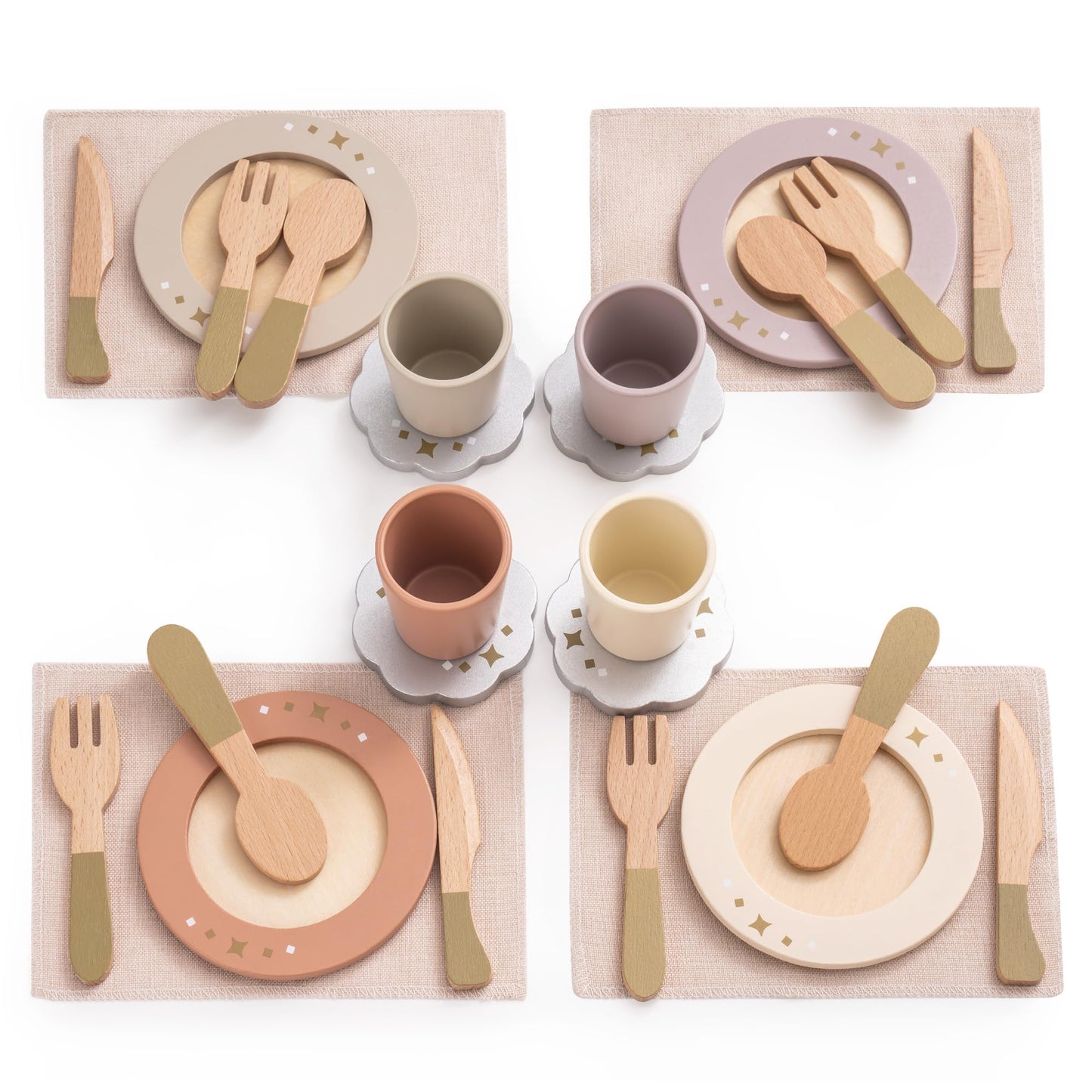 ROBOTIME Play Kitchen with Dishes Set, Rustic Wooden Kitchen Pretend Play Kitchen, 29PCS Wooden Toy Plates and Dishes for Kitchen Set for Toddler Boys Girls Gifts