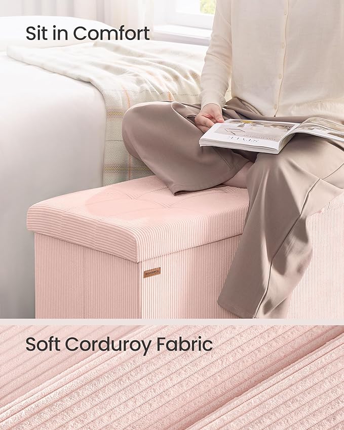 SONGMICS MAZIE Collection - Storage Ottoman Bench, Foldable Foot Rest, 15 x 43 x 15 Inches, End of Bed Bench, Storage Chest, Load 660 lb, Living Room, Bedroom, Entryway, Jelly Pink ULSF604R01