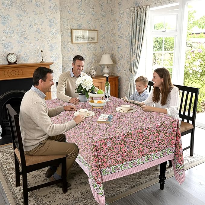Ridhi Hand Block Print Strawberry Pink Rectangle Cotton Tablecloth 108" x 60" Reusable Table Cover Decorative Everyday Use for Dining, Farmhouse, Home Gift for Spring, Easter, Valentine