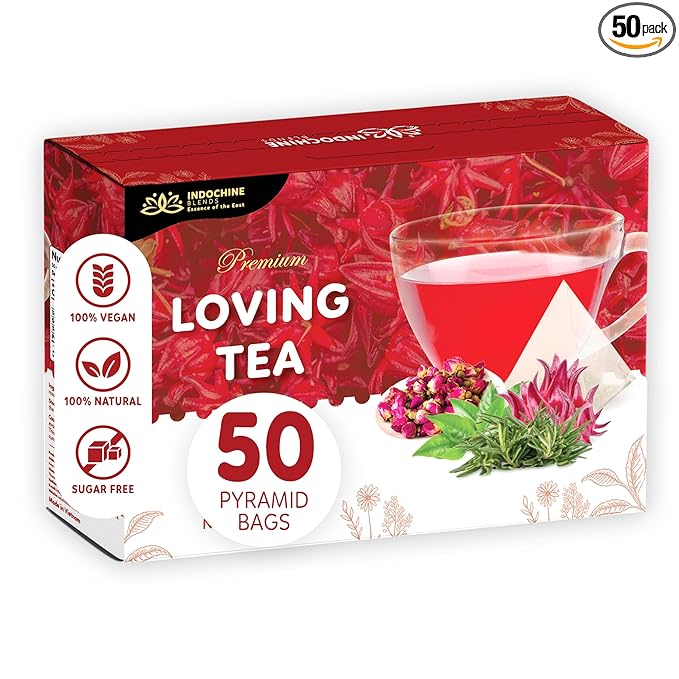 Indochine Blends Loving Tea | Hibiscus Tea Bags | Hibiscus & Organic Rosemary, Black Tea, Rose | Sugar-Free, Caffeine-Free Herbal Tea for Relaxation | 4.4 oz | 50 Corn-Fiber Pyramid Bags