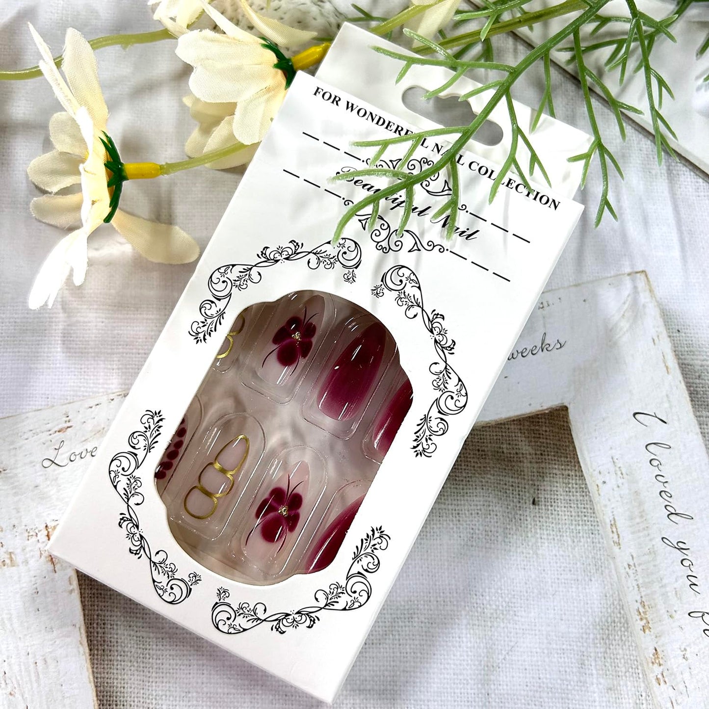 CJDLTS Flower Press on Nails Short Almond Red Floral Lines Pattern Design Gradient Acrylic Fake Nail Full Cover Glossy Almond Tip Artificial Fingernails 24Pcs DIY Press Ons Glue on Naisl for Women