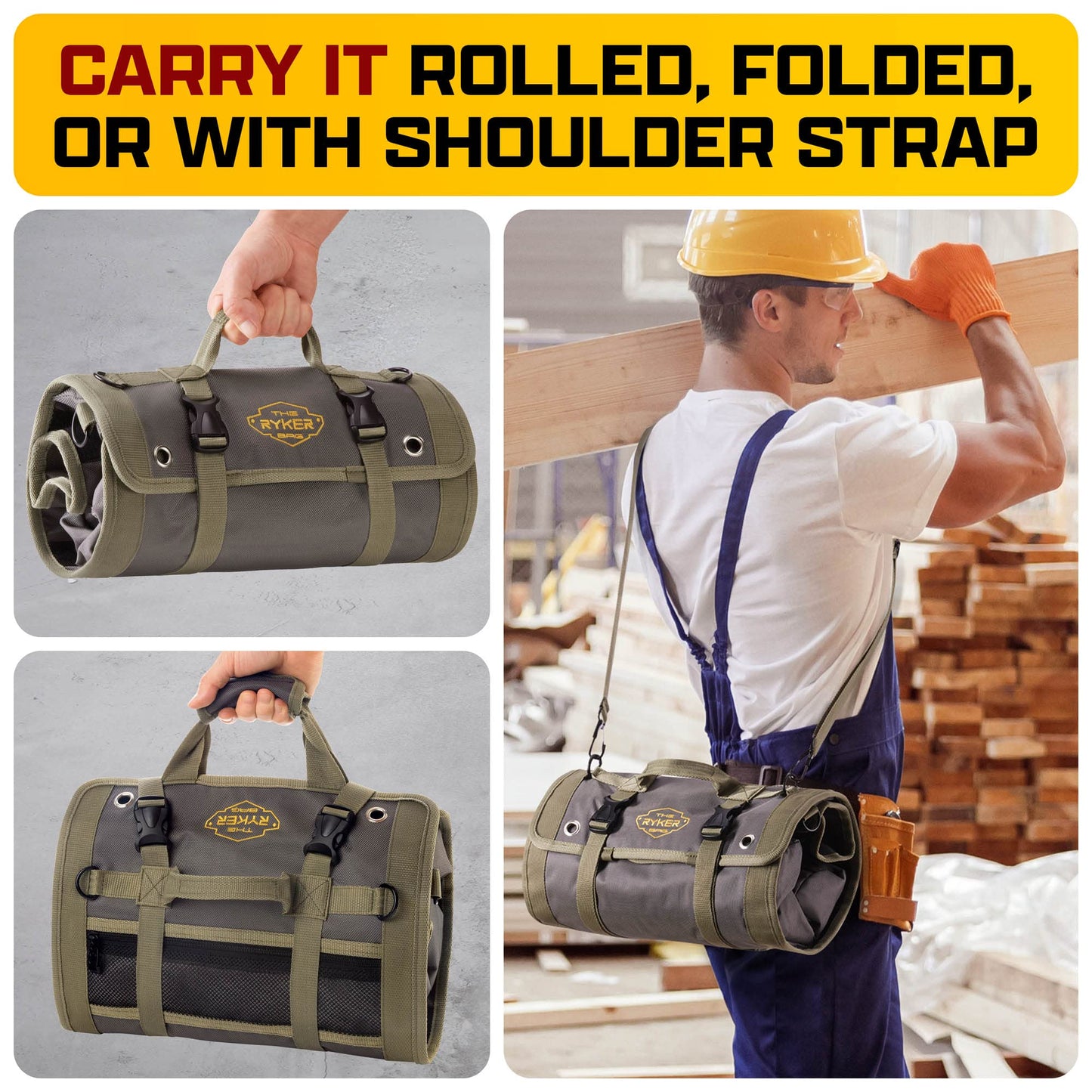 The Ryker PRO Official Roll Up Tool Bag Organizer Gifts for Dad. Motorcycle Tool Bag Organizer for Mechanic & Tools Storage Toolbag Tools Bags Mens gifts for him - w/4 Detachable Pouches & Wrench Roll