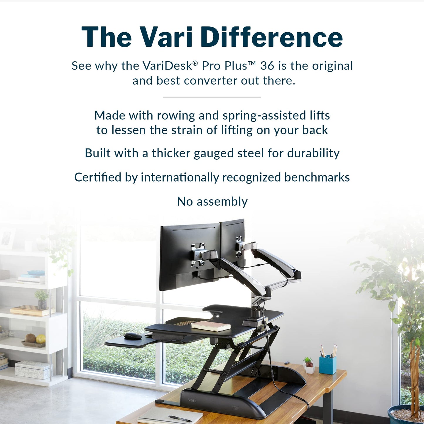 Vari VariDesk Pro Plus 36 - Adjustable Desk Converter with 11 Height Settings - Laptop Sit Stand Desk Riser for Home Office, Table Tops, Workspace - Fully Assembled with Spring Loaded Lift - Black