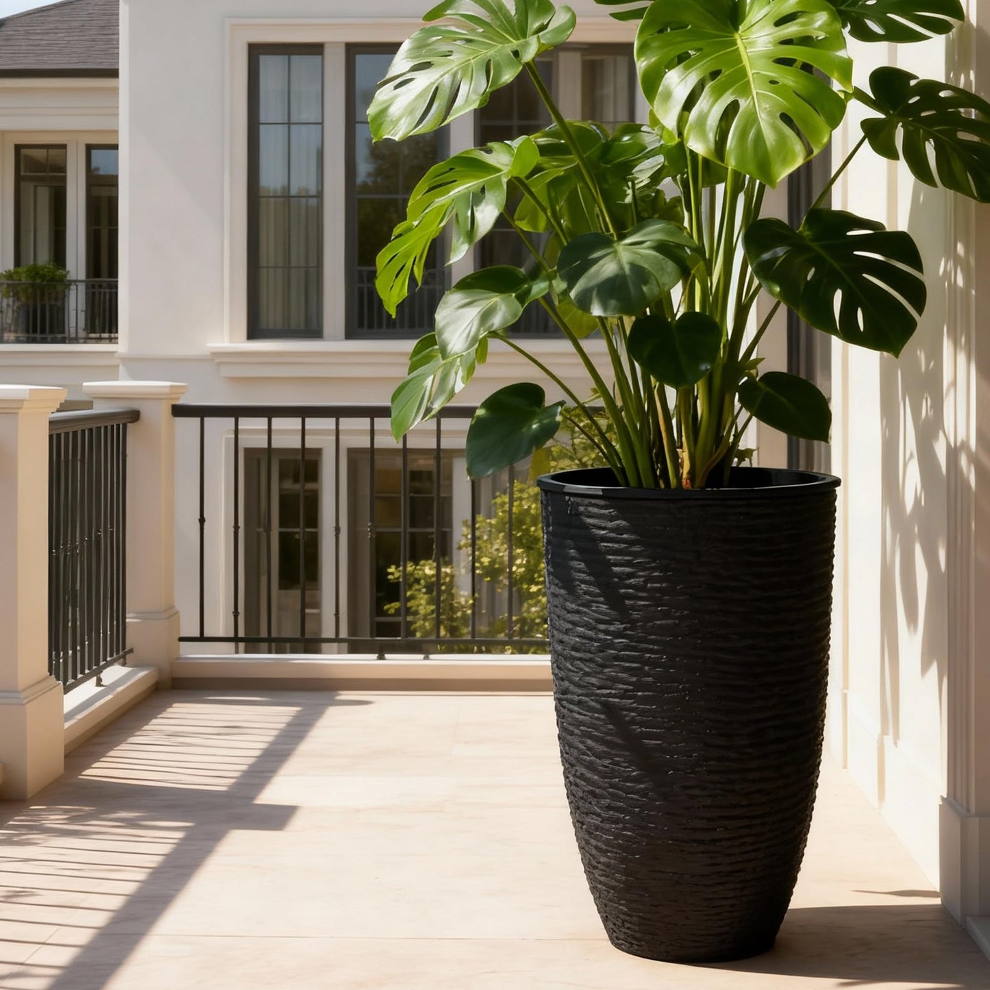 Worth Garden 2-Pack 21" H. Black Tall Planters with Inside Pots - 14'' Dia Plastic Large Round Plant Tree Pots - Decorative Imitation Stone Finish for Indoor Outdoor Front Porch Container Patio