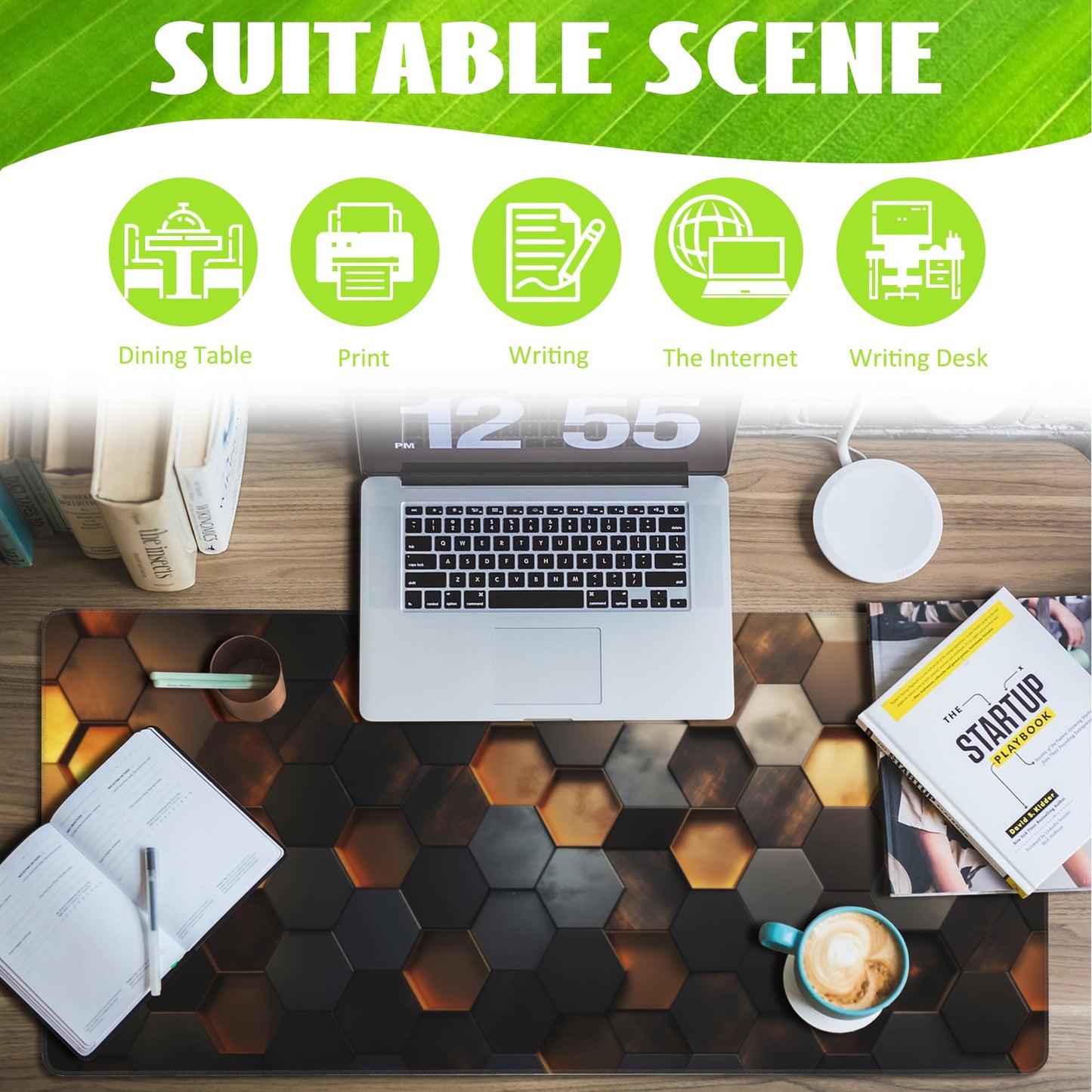Eflxamz Desk Mat - Golden Honeycomb Technology Large Gaming Mouse Pad With Non-Slip Base and Stitched Edge, Extended Big Computer Keyboard Pad, 35.4"x15.7"