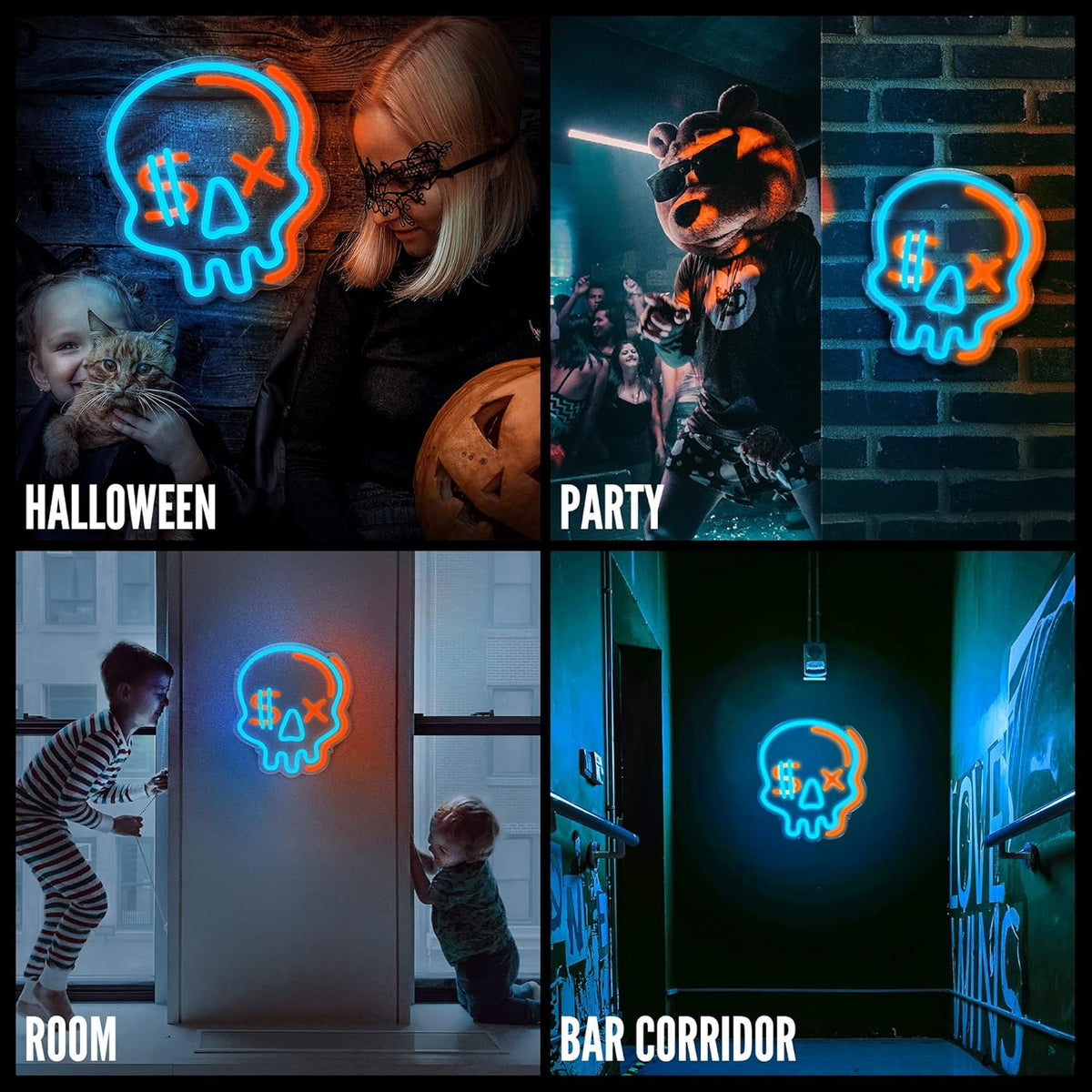 Eufrozy Halloween Neon Sign for Boys Room, Cool Skull Led Signs Kids Bedroom Decor, 6 Dimmable USB Powered Led Lights for Teenage Gamer Wall Decor Man Cave Gifts Blue Skeleton Decorations