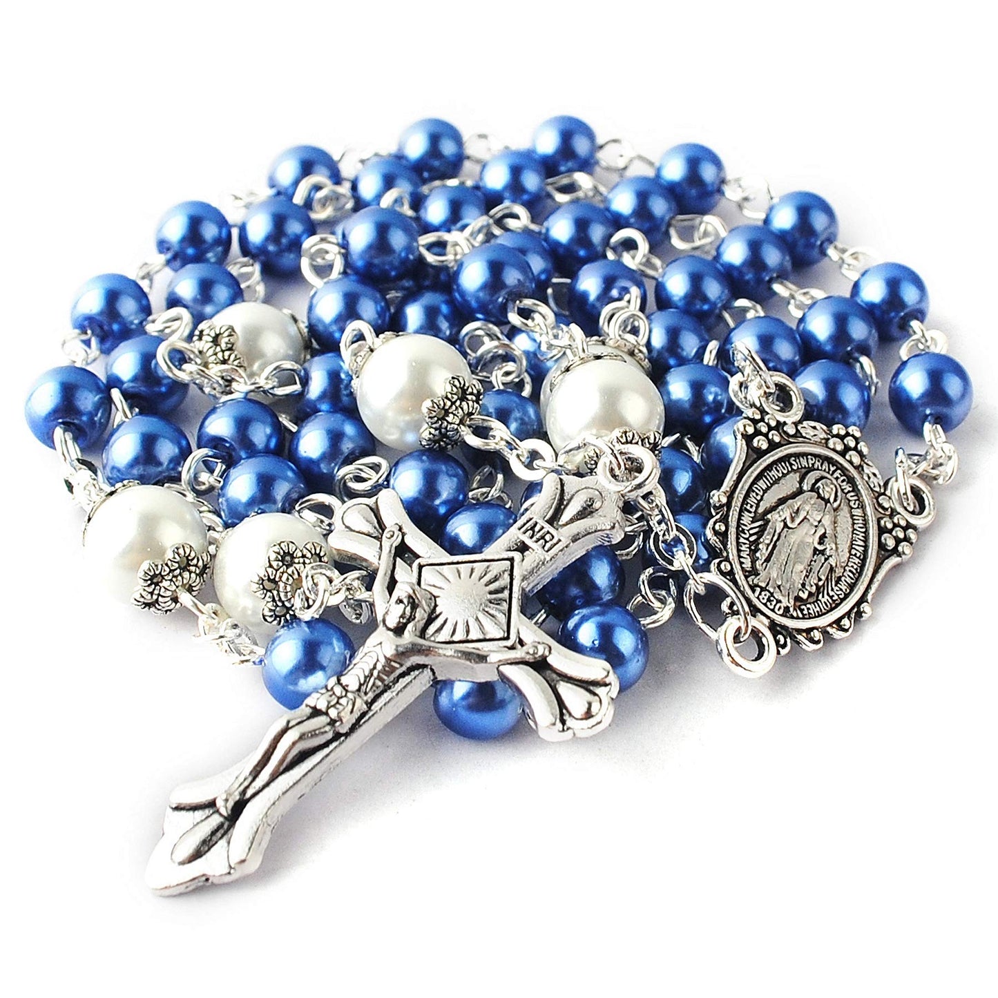 HanlinCC 6mm Glass Pearl Beads with 8mm Our Father Beads with Caps Rosary Necklace Pack in Miraculous Metal Gift Box (Blue Rosary with Miraculous Gift Box)