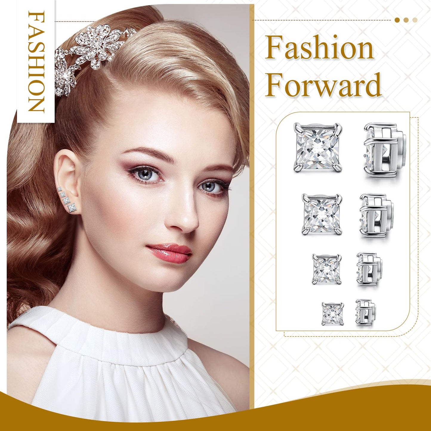 Magnetic Non-piercing Clip On Earrings: Stainless Steel 5-8mm Square CZ Inlay Round Fake Cheater Studs for Men Women, 4 Pairs Silver