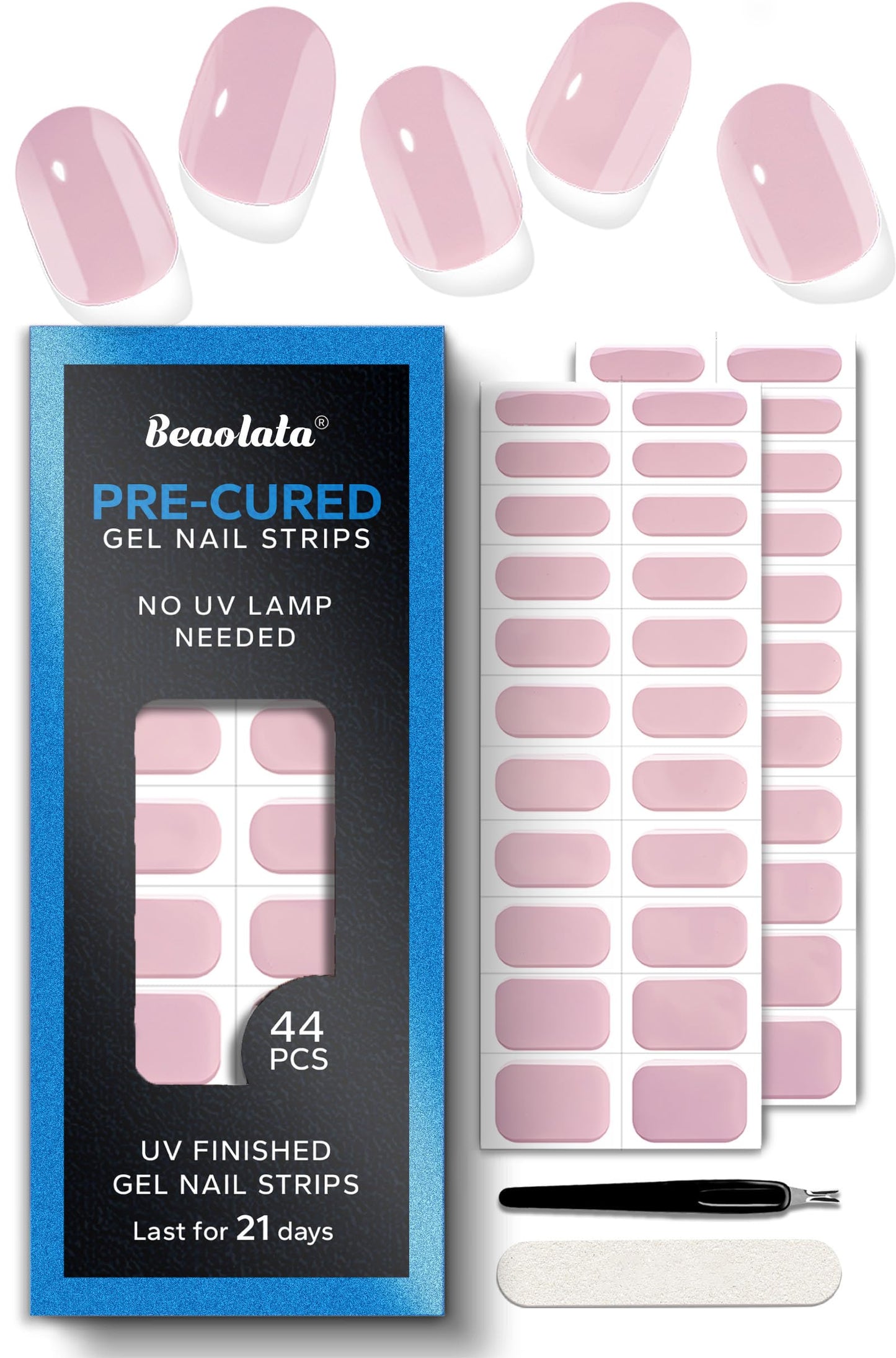 Beaolata Real Gel Nail Strips (No UV Light Needed) - 44Pcs Salon Quality Nail Stickers - Long Lasting Polish Wraps for Women, Easy Apply & Remove (Strawberry Frosting)