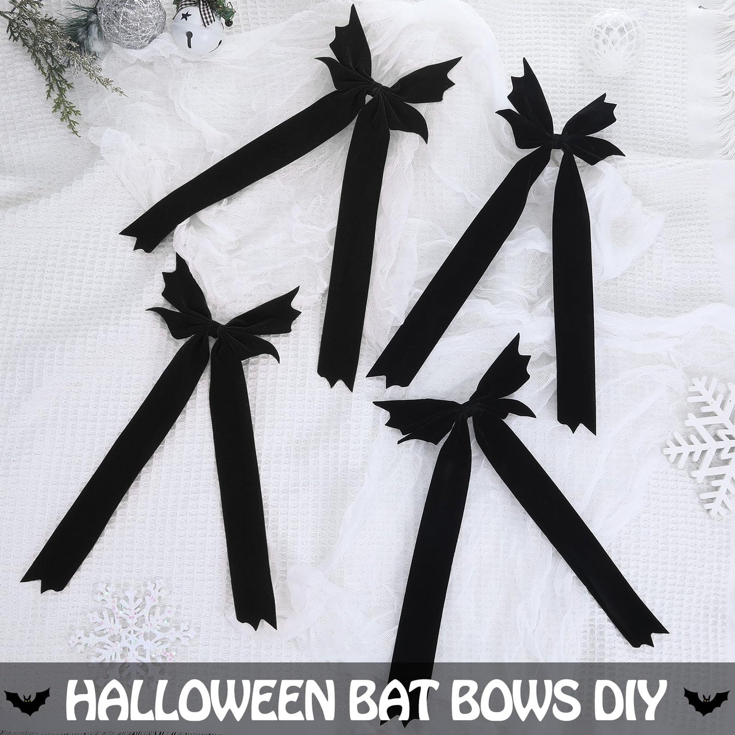 Eurzom 12 Pcs Gothic Christmas Bat Bows Tree Ornaments 10'' x 6'' Spooky Christmas Decor Horror Black Bat Shaped Velvet Bows, Creepy Nightmare Hanging Decorations for Xmas Wreath Home Party Gift