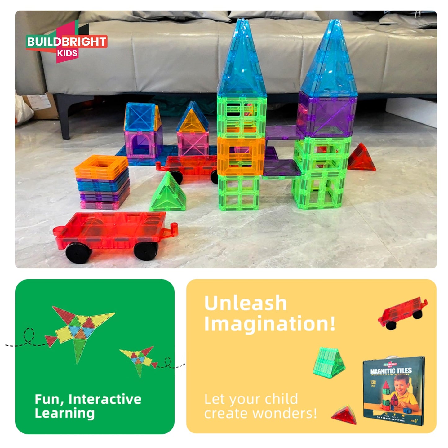 Buildbright kids Magnetic Building Tiles 138 pcs with Storage Organizer & Play Mat – Montessori STEM Educational Construction Blocks, Creative Learning Toys for Kids