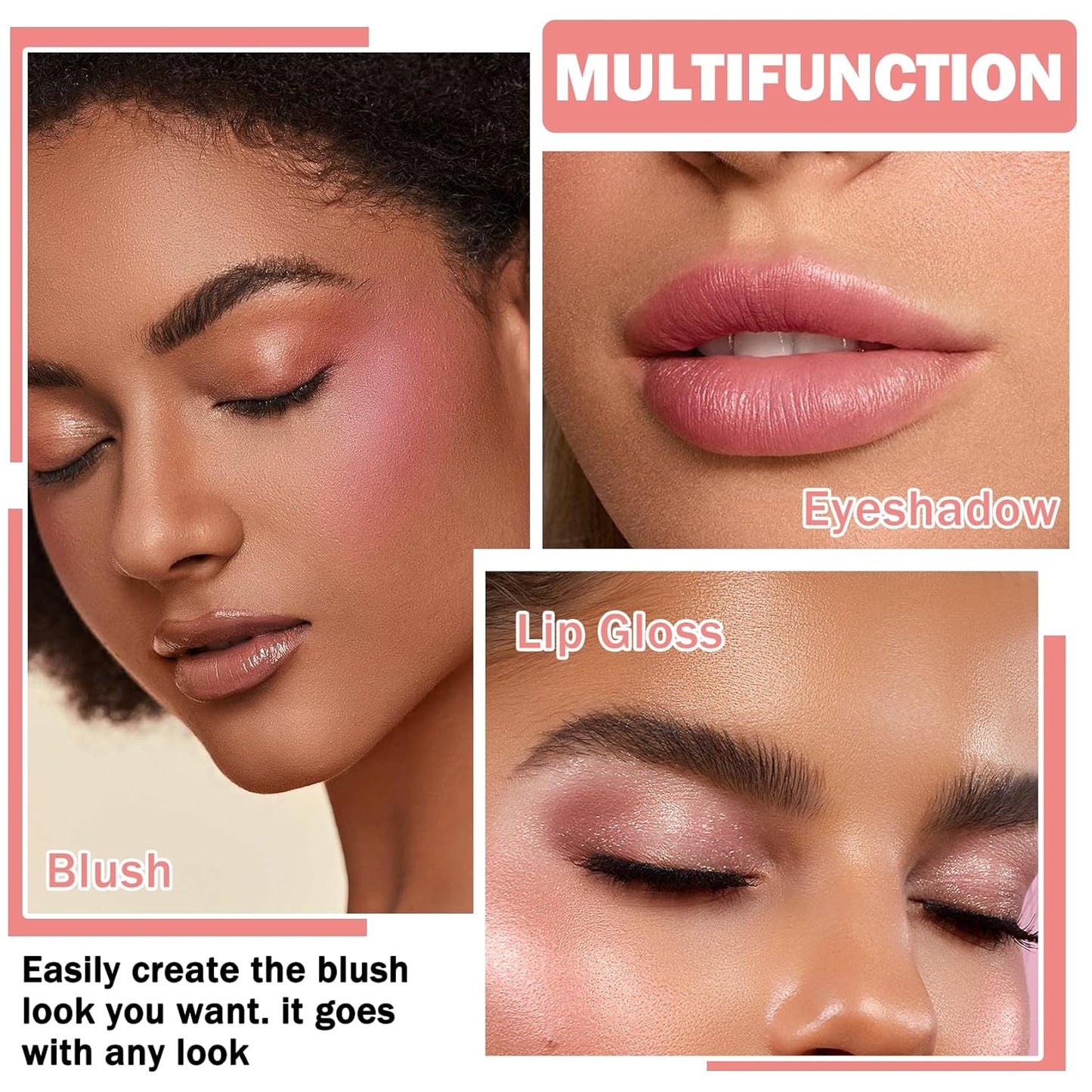 Cream Blush Stick with Sponge 3 in 1 Multi-Use Blush Makeup Stick Long Lasting Waterproof Natural Matte Cream Blush Stick for Cheeks, Lips and Eyes - Rose Red