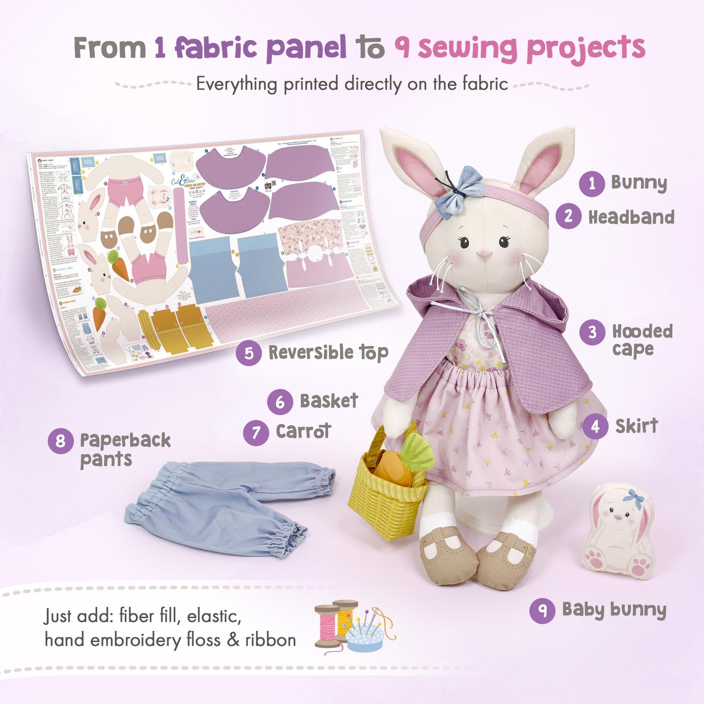 Doll Sewing Panel for Intermediate Skills - with Video Instructions - Cut & Sew Fabric Panel Doll with Clothes: Dress Me Bestie Bibby Bunny