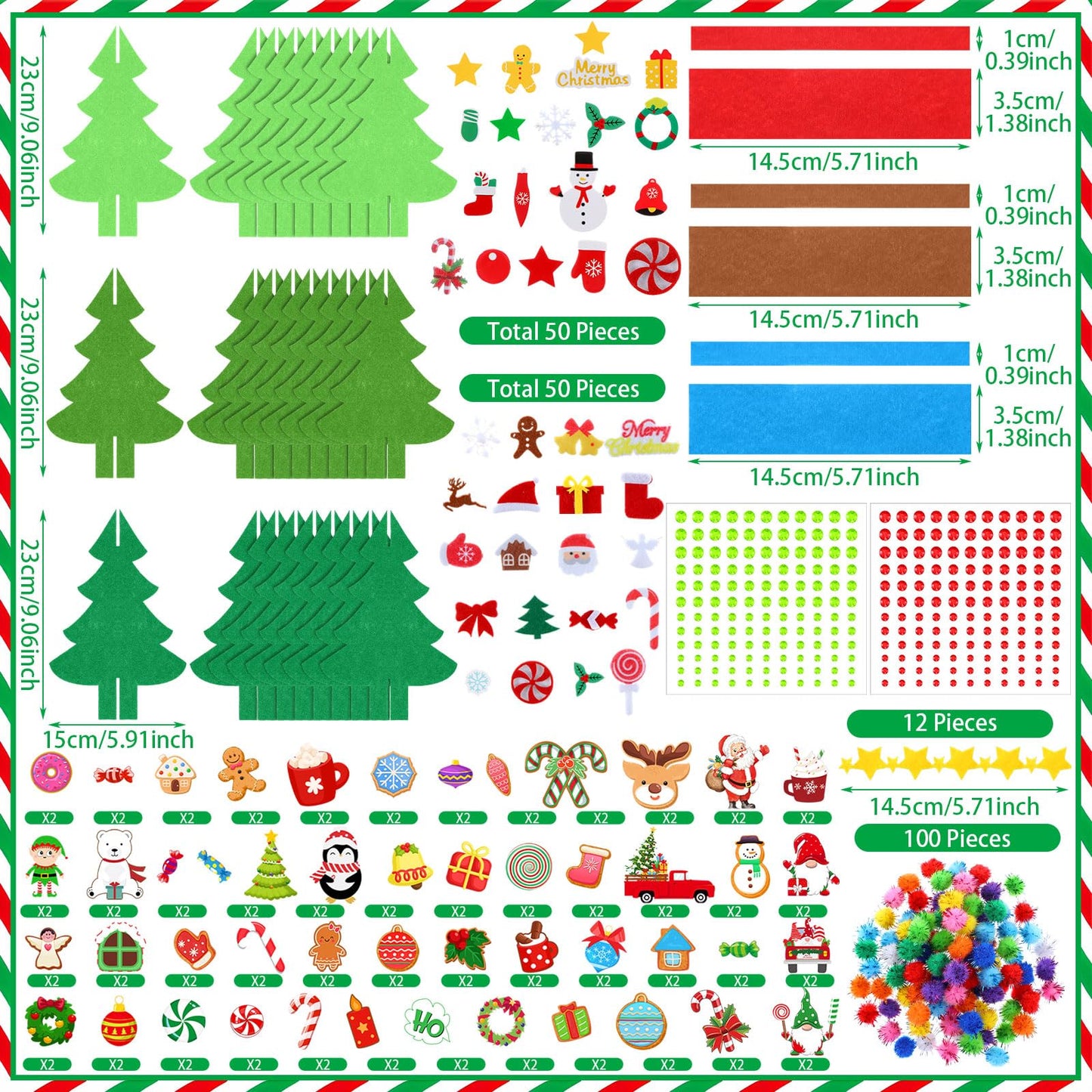 Moucuny 408 Pcs Christmas Tree DIY Craft Kits 3D Christmas Tree Felt Sets Xmas Felt Decorations with Elk Gingerbread Man Penguin Snowman Candy Wreath Stickers for Party Favors Activities