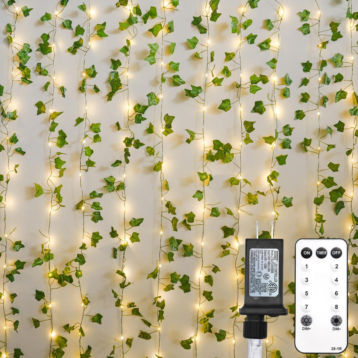 suddus 200 LED Vine with Light Plug in, 6.5ft x 6.5ft Ivy Fairy Curtain Lights with Remote, Leaf Fairy Lights for Wall,Bedroom, Dorm, Wedding, Party, Indoor Decor(Warm White)