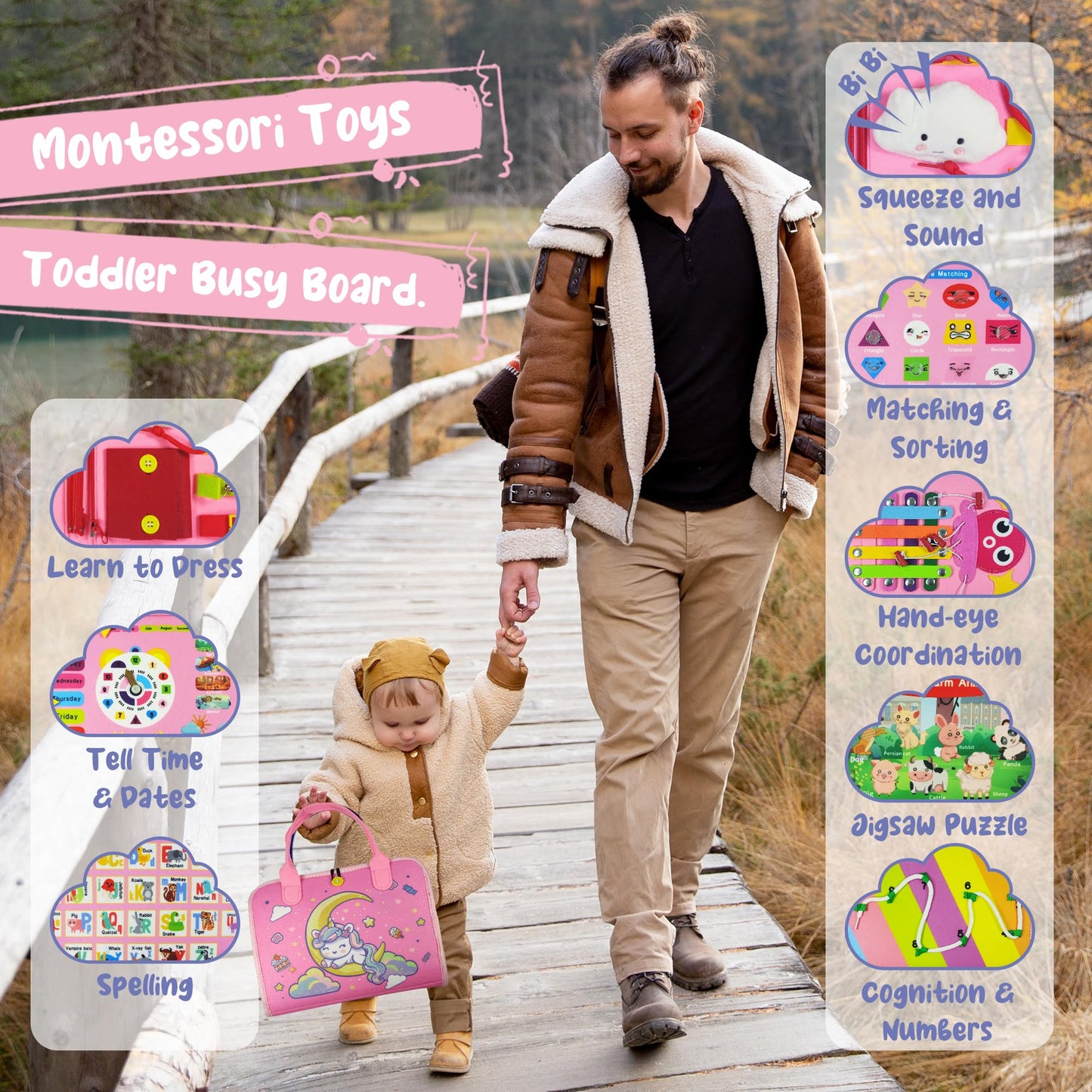 TenFans Montessori Busy Board for Toddlers 3-5 Years - Sensory Toys for Fine Motor Skills - Felt Travel Activity Board with Zipper