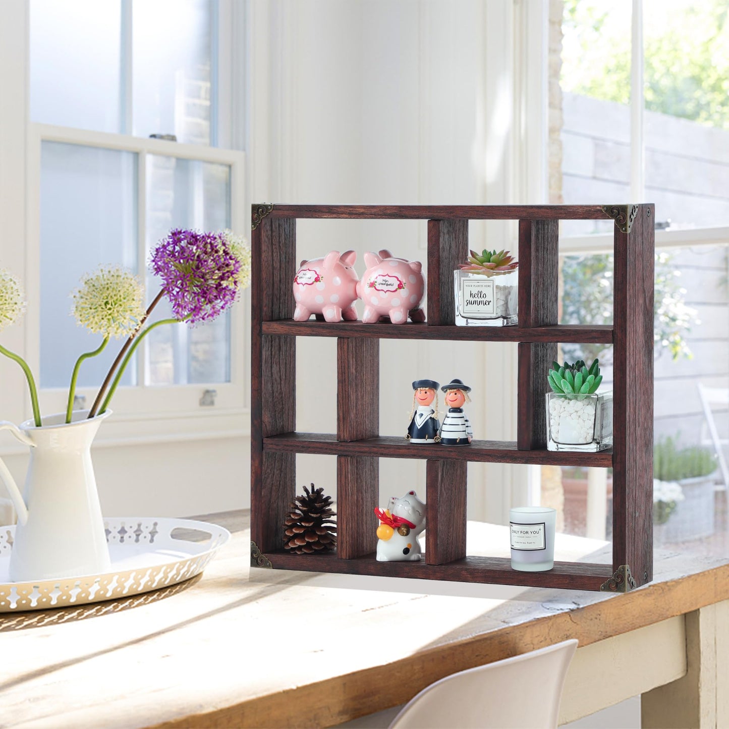 MITREL 17.7x15.7-Inch Shadow Box Shelf 9-Slot Rustic Floating Shelves Larger Wall Mounted Shelf Lightweight Solid Wood Display Shelf Freestanding Farmhouse(Set of 2,9C-Rustic Walnut)